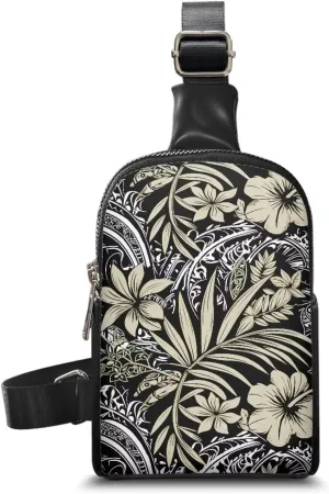 Tropical Ethnic Stripes Fanny Packs Belt Bag Sling Bag for Women, Tropic Palm Hibiscus Flowers Sling Bag PU Leather Shoulder Bag Fanny Pack Travel Essentials