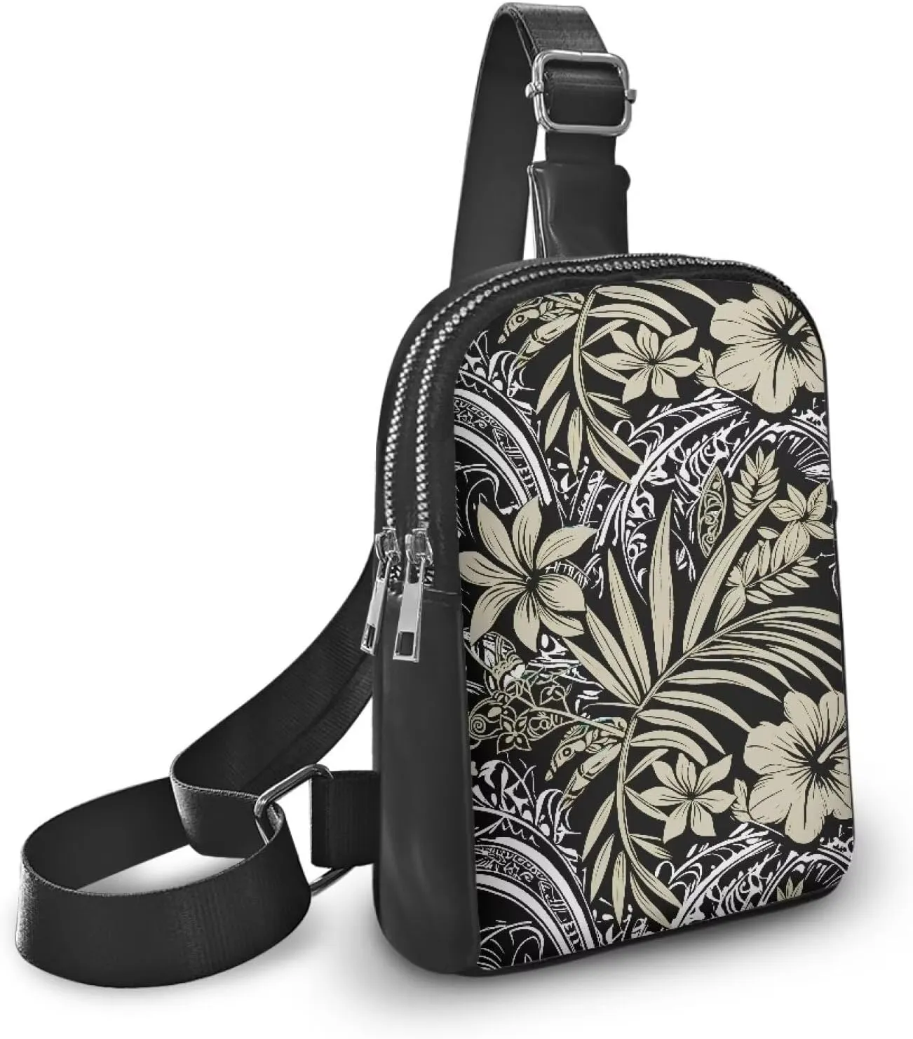 Tropical Ethnic Stripes Fanny Packs Belt Bag Sling Bag for Women, Tropic Palm Hibiscus Flowers Sling Bag PU Leather Shoulder Bag Fanny Pack Travel Essentials