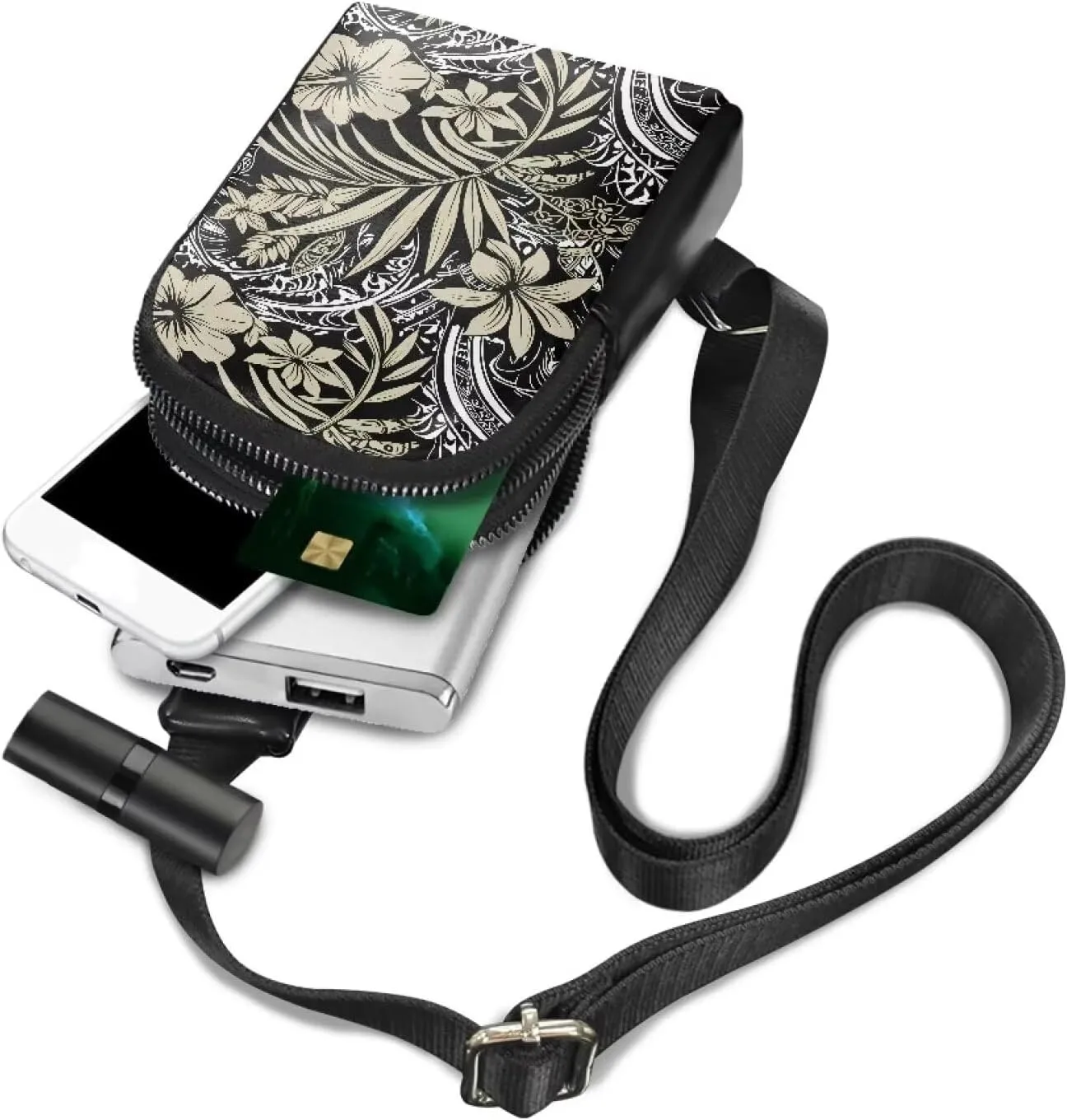 Tropical Ethnic Stripes Fanny Packs Belt Bag Sling Bag for Women, Tropic Palm Hibiscus Flowers Sling Bag PU Leather Shoulder Bag Fanny Pack Travel Essentials