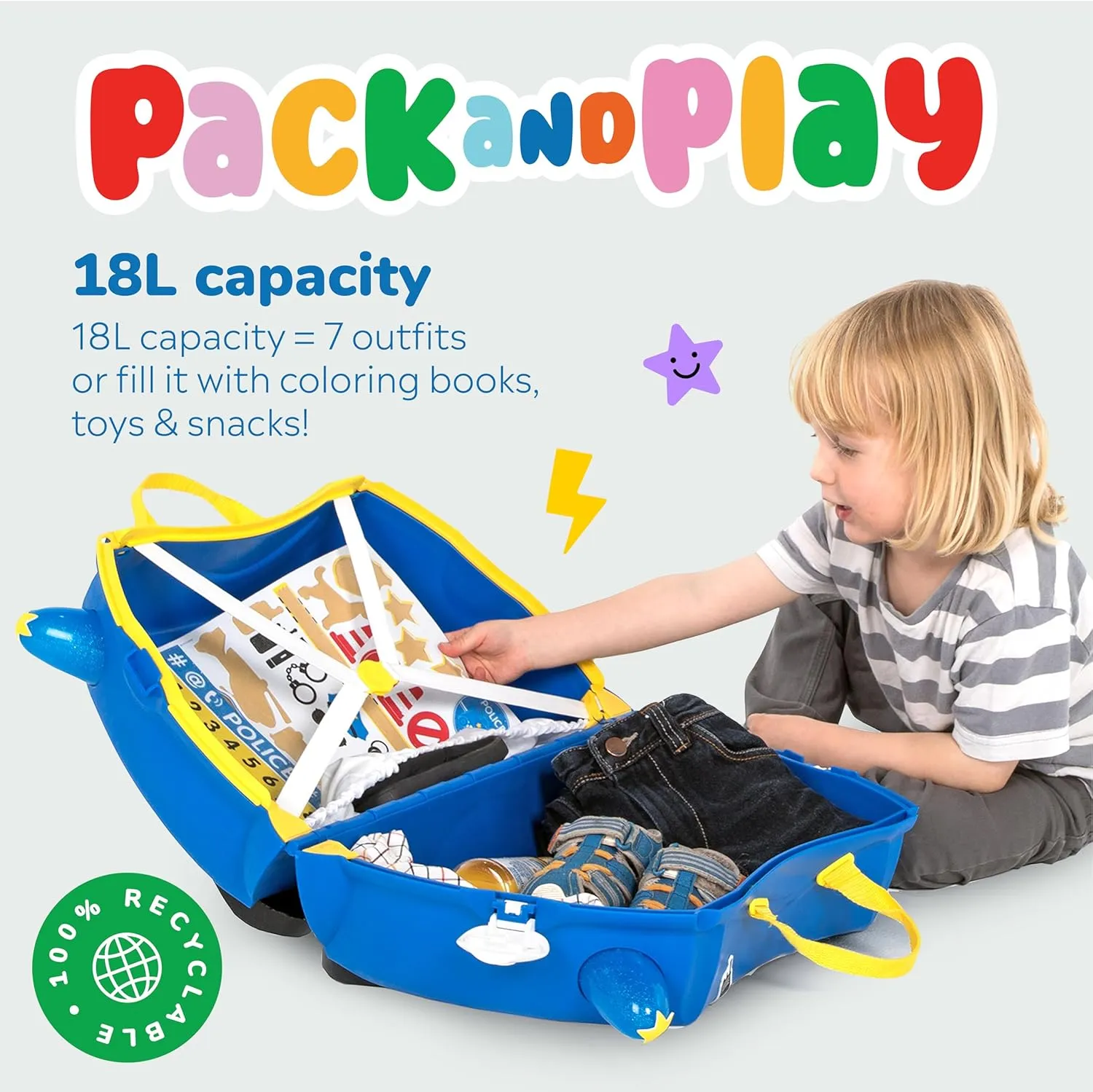 Trunki Ride-On Kids Suitcase | Tow-Along Toddler Luggage | Carry-On Cute Bag with Wheels | Airplane Travel Essentials: Percy Police Car Blue