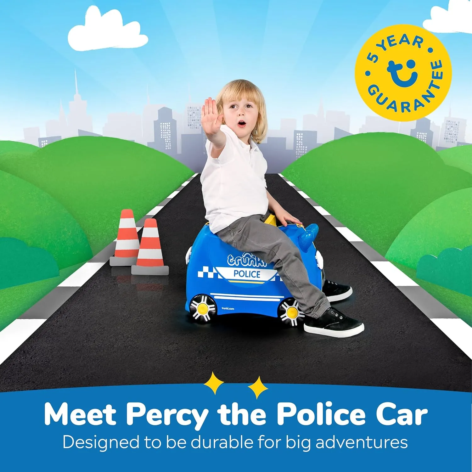 Trunki Ride-On Kids Suitcase | Tow-Along Toddler Luggage | Carry-On Cute Bag with Wheels | Airplane Travel Essentials: Percy Police Car Blue