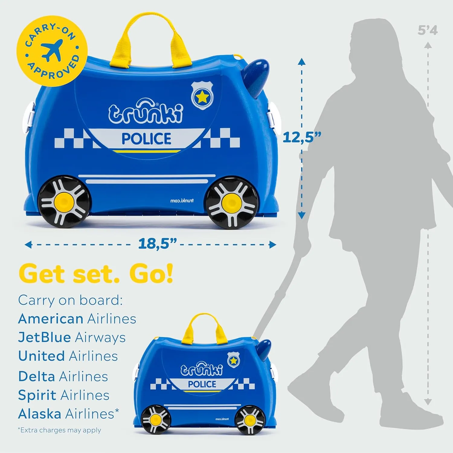 Trunki Ride-On Kids Suitcase | Tow-Along Toddler Luggage | Carry-On Cute Bag with Wheels | Airplane Travel Essentials: Percy Police Car Blue