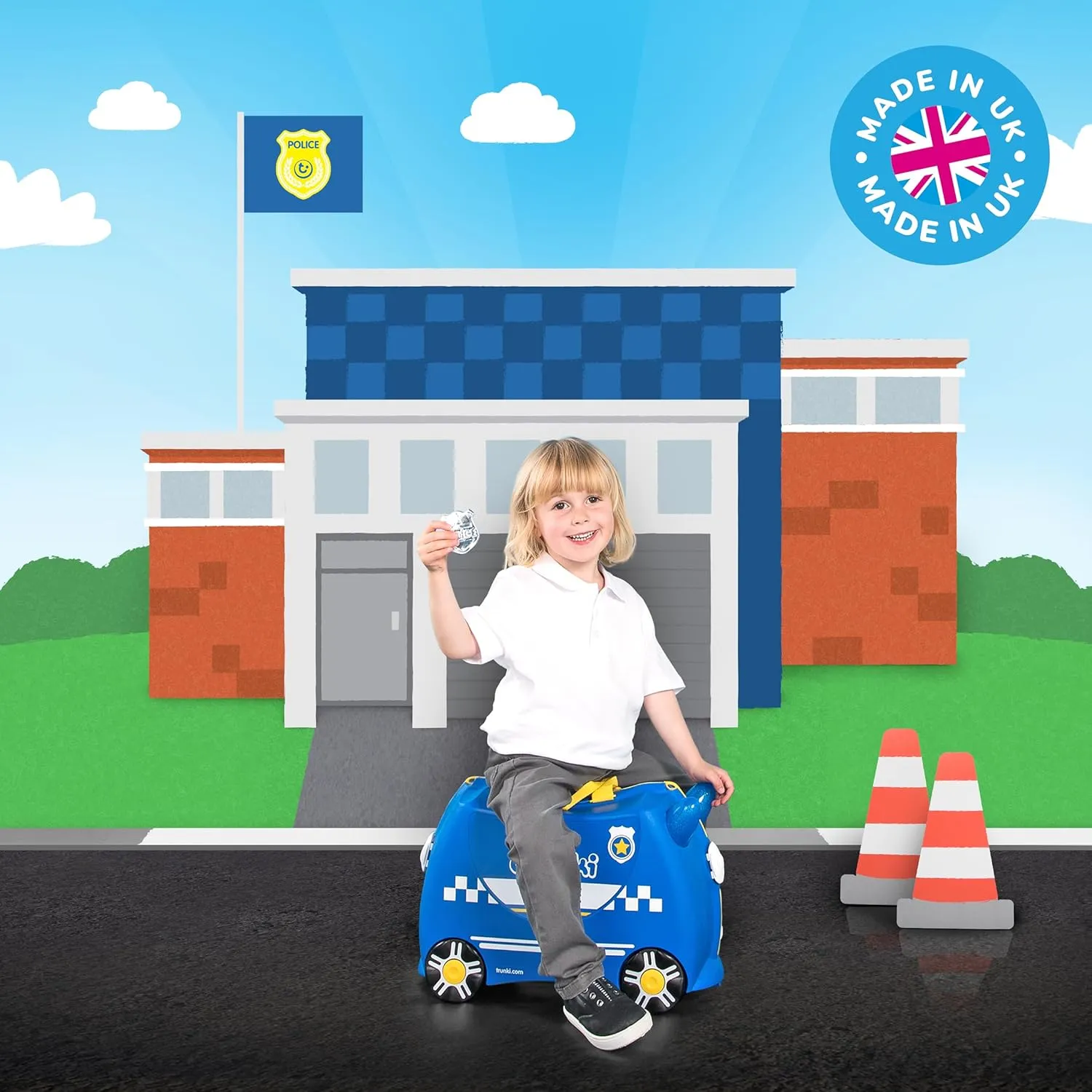 Trunki Ride-On Kids Suitcase | Tow-Along Toddler Luggage | Carry-On Cute Bag with Wheels | Airplane Travel Essentials: Percy Police Car Blue