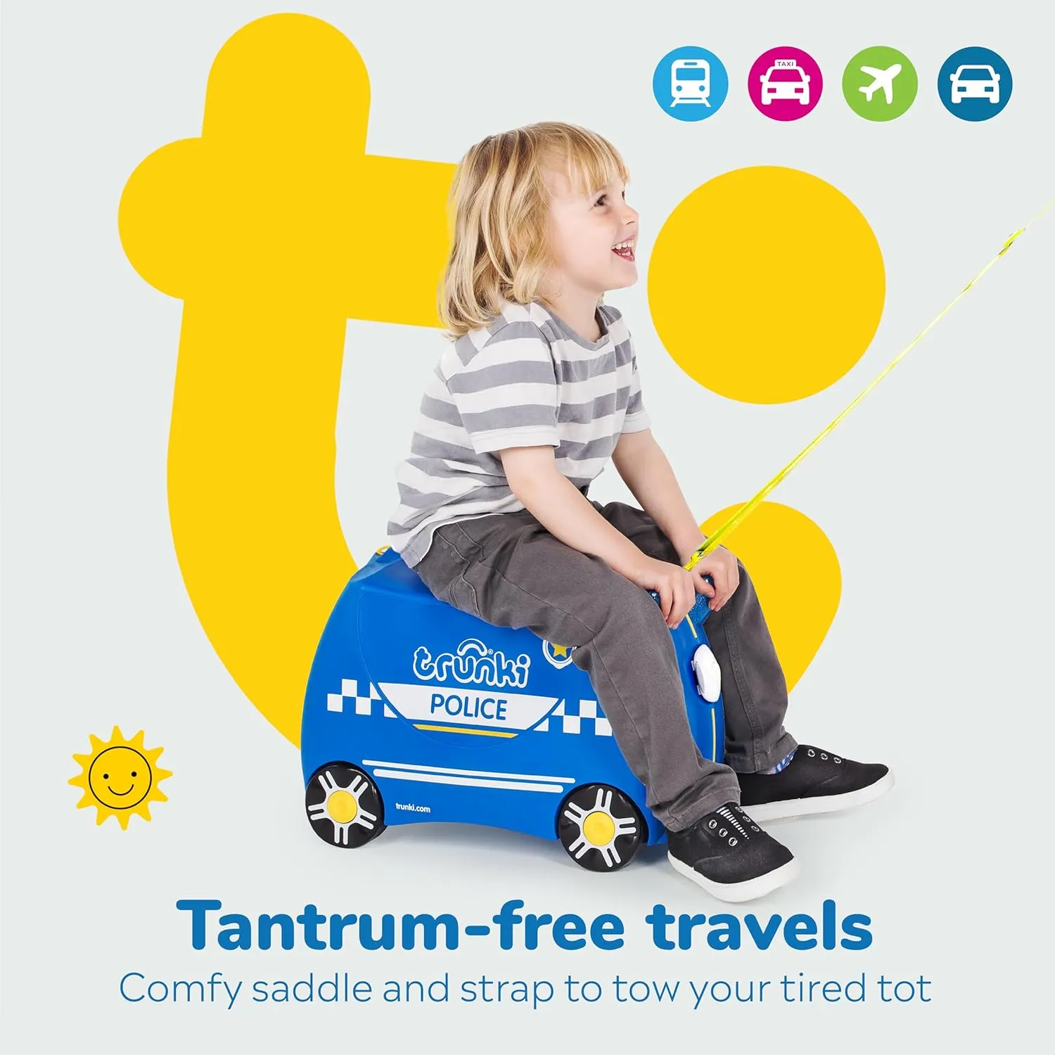 Trunki Ride-On Kids Suitcase | Tow-Along Toddler Luggage | Carry-On Cute Bag with Wheels | Airplane Travel Essentials: Percy Police Car Blue