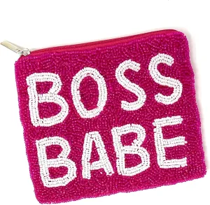 TWINE AND LOVE Boss Babe Beaded Pouch Purse, Pink Beaded Coin Purse, Coin Pouch Small Wallets Card Holder Bag, Boss Babe Card Case Wallet, Birthday Gift, CP0494