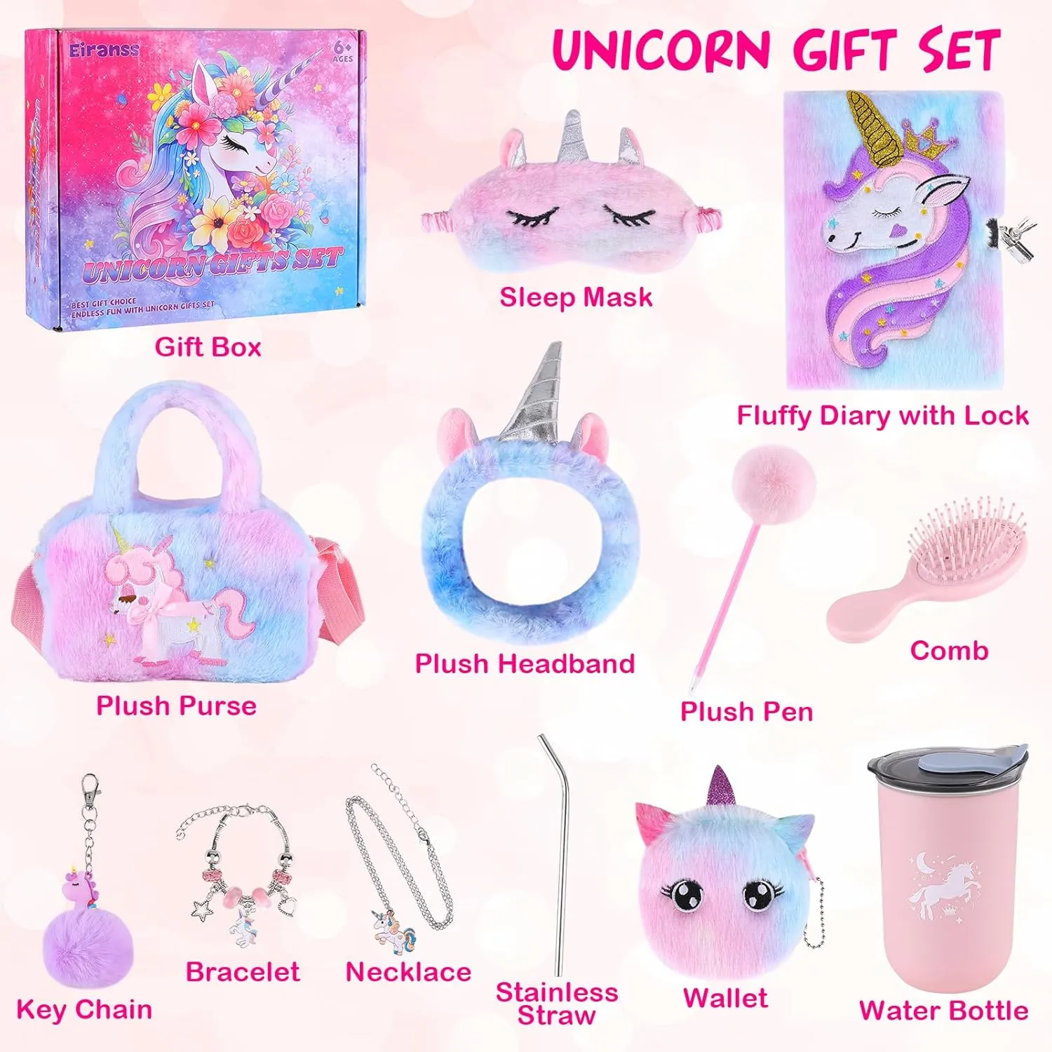 Unicorns Gifts for Girls 4 5 6 7 8 9 10  Years Old with Unicorns Handbag Purse/Diary with Lock/Headband/Eye Mask/Water Bottle, Kids Unicorn Toy Soft Plush Toys Set for Birthday Gifts Christmas