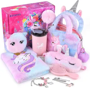 Unicorns Gifts for Girls 4 5 6 7 8 9 10  Years Old with Unicorns Handbag Purse/Diary with Lock/Headband/Eye Mask/Water Bottle, Kids Unicorn Toy Soft Plush Toys Set for Birthday Gifts Christmas