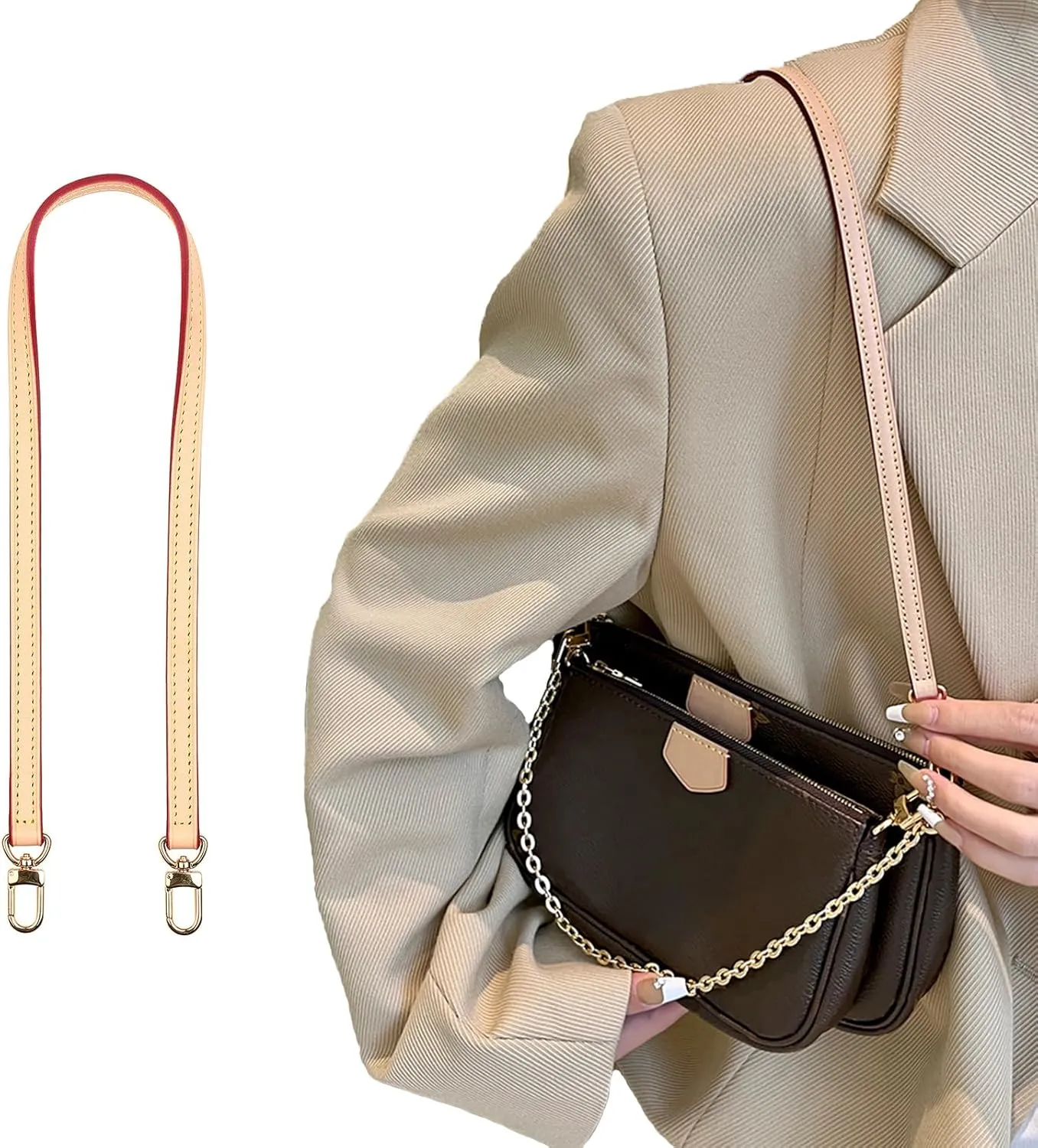 Vachetta Leather Strap Replacement Handbag Shoulder Purse Strap for Speedy Bags(Width:0.43in,Length:23.6in,Double Buckles)