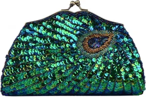Vintage Beaded Sequin Peacock Clutch Purse Evening Bags (Blue)
