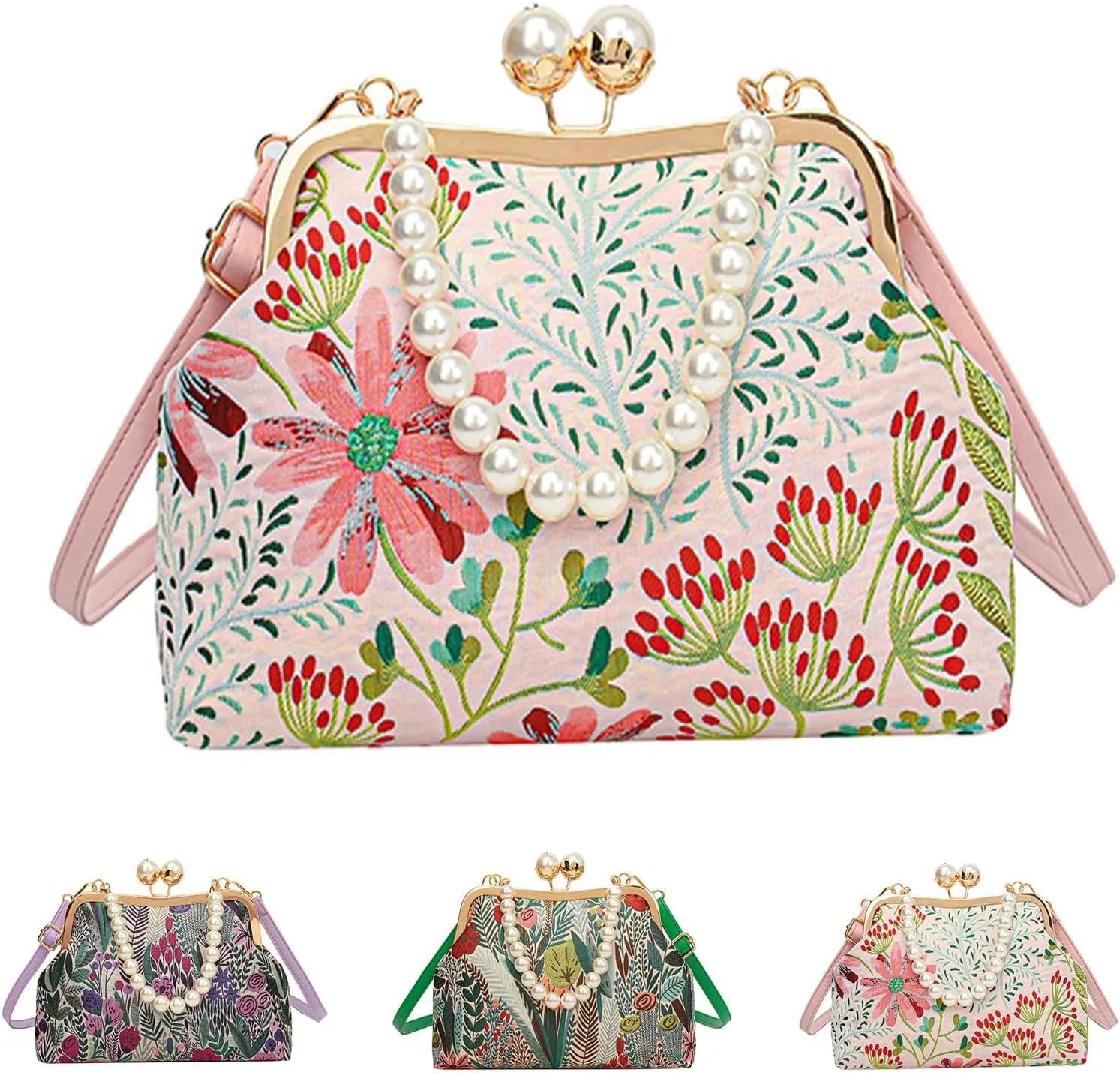 Vintage Embroidered Flower Handbag, Women Vintage Flower Embroidery Handbag, Pearl Crossbody Bag With Kiss Lock
