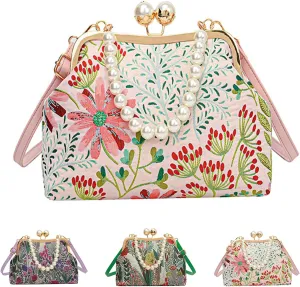 Vintage Embroidered Flower Handbag, Women Vintage Flower Embroidery Handbag, Pearl Crossbody Bag With Kiss Lock