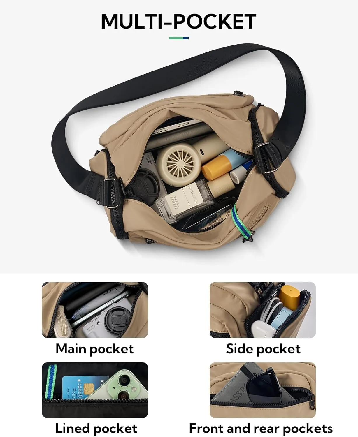 WATERFLY Multiple Pockets Crossbody Bags: 6L Large Nylon Purses 2025 - Travel Shoulder Cross Body Purse for Women Men