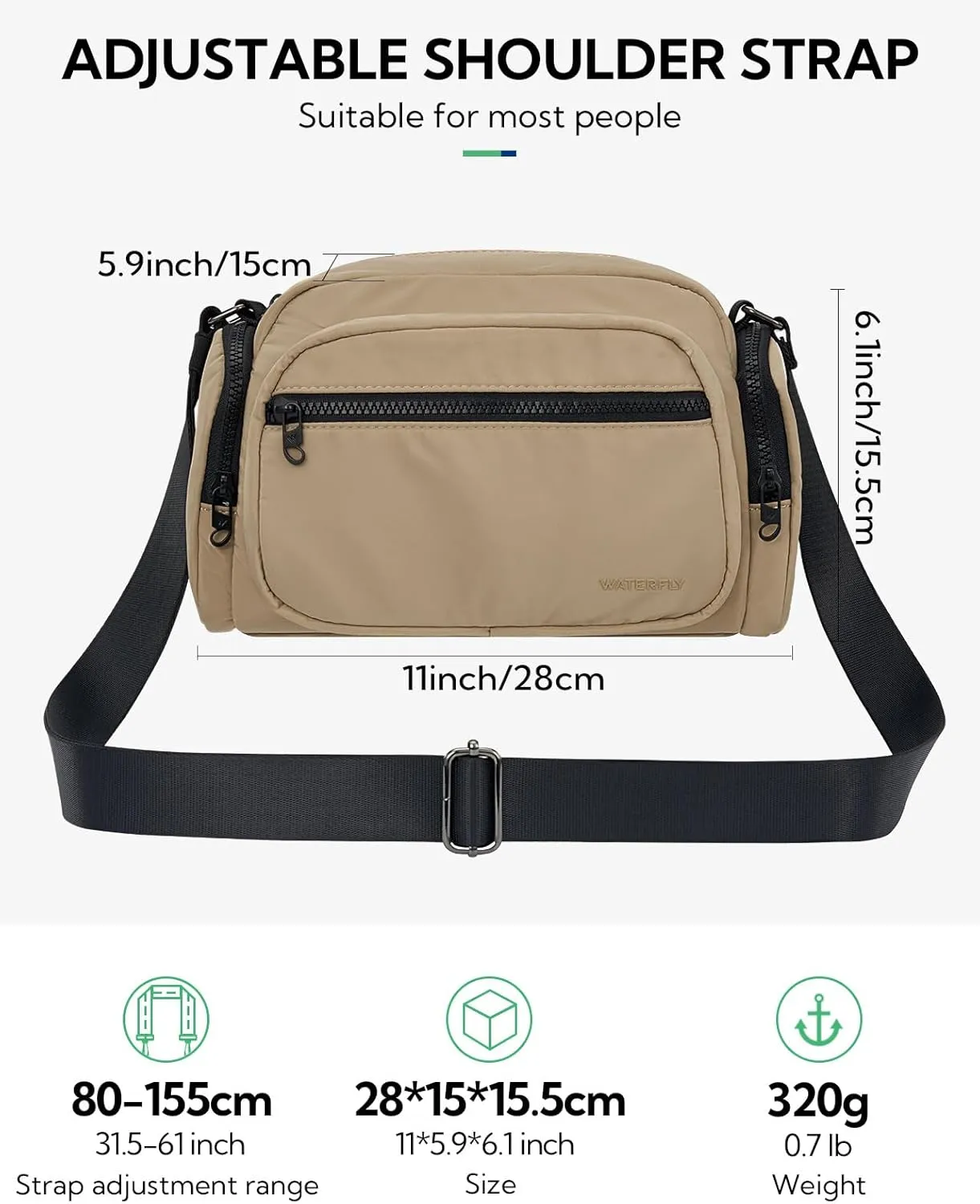 WATERFLY Multiple Pockets Crossbody Bags: 6L Large Nylon Purses 2025 - Travel Shoulder Cross Body Purse for Women Men