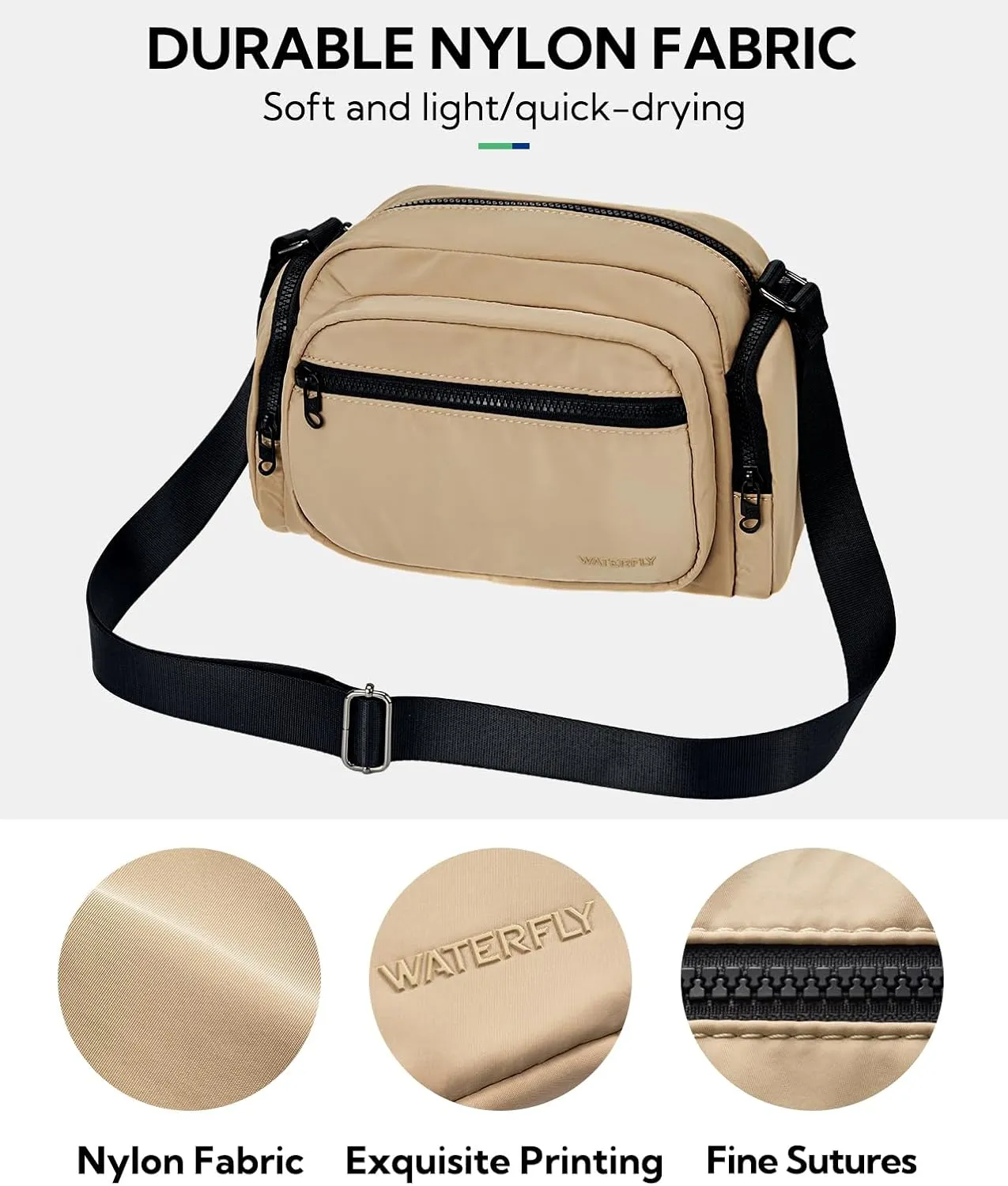 WATERFLY Multiple Pockets Crossbody Bags: 6L Large Nylon Purses 2025 - Travel Shoulder Cross Body Purse for Women Men