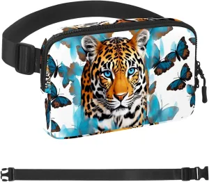 Waterproof Fanny Pack Black Belt Bag with Adjustable Strap for Women and Men,Blue Butterfly Leopard Crossbody Fanny Bag with Zipper for Hiking Running Travel