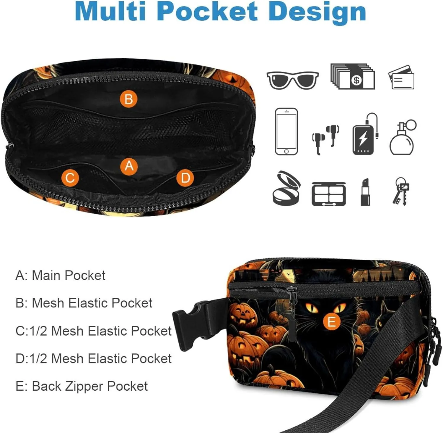 Waterproof Fanny Pack Black Belt Bag with Adjustable Strap for Women and Men,Halloween Cat G Crossbody Fanny Bag with Zipper for Hiking Running Travel