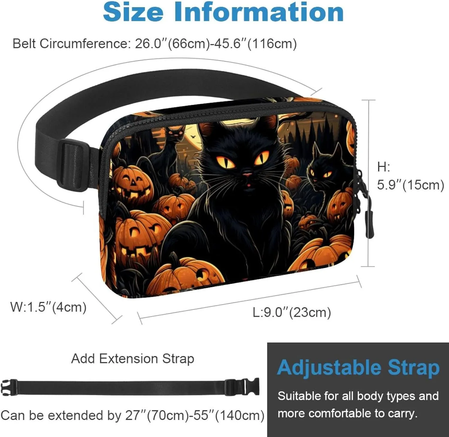 Waterproof Fanny Pack Black Belt Bag with Adjustable Strap for Women and Men,Halloween Cat G Crossbody Fanny Bag with Zipper for Hiking Running Travel