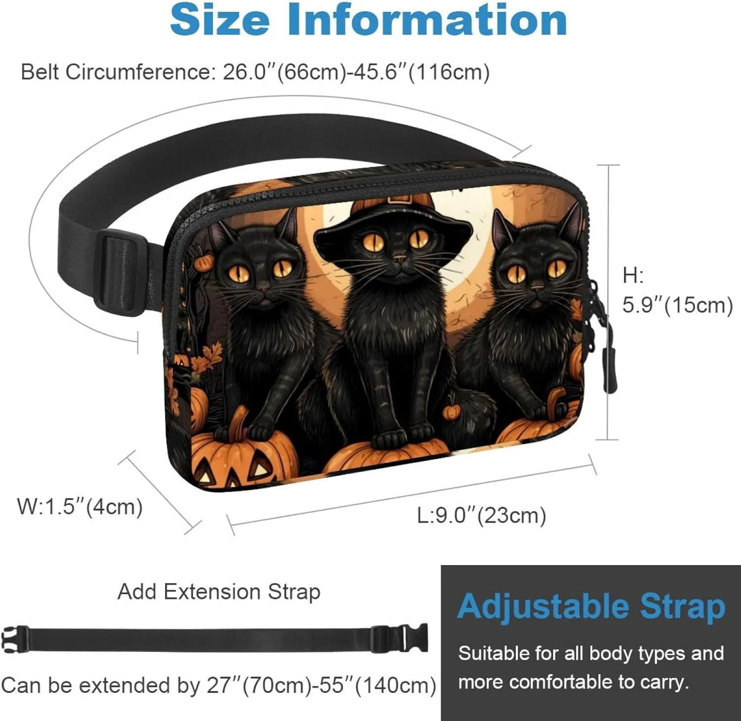 Waterproof Fanny Pack Black Belt Bag with Adjustable Strap for Women and Men,Halloween Cat I Crossbody Fanny Bag with Zipper for Hiking Running Travel