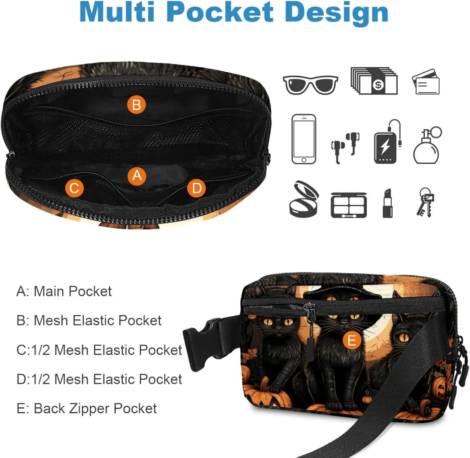 Waterproof Fanny Pack Black Belt Bag with Adjustable Strap for Women and Men,Halloween Cat I Crossbody Fanny Bag with Zipper for Hiking Running Travel