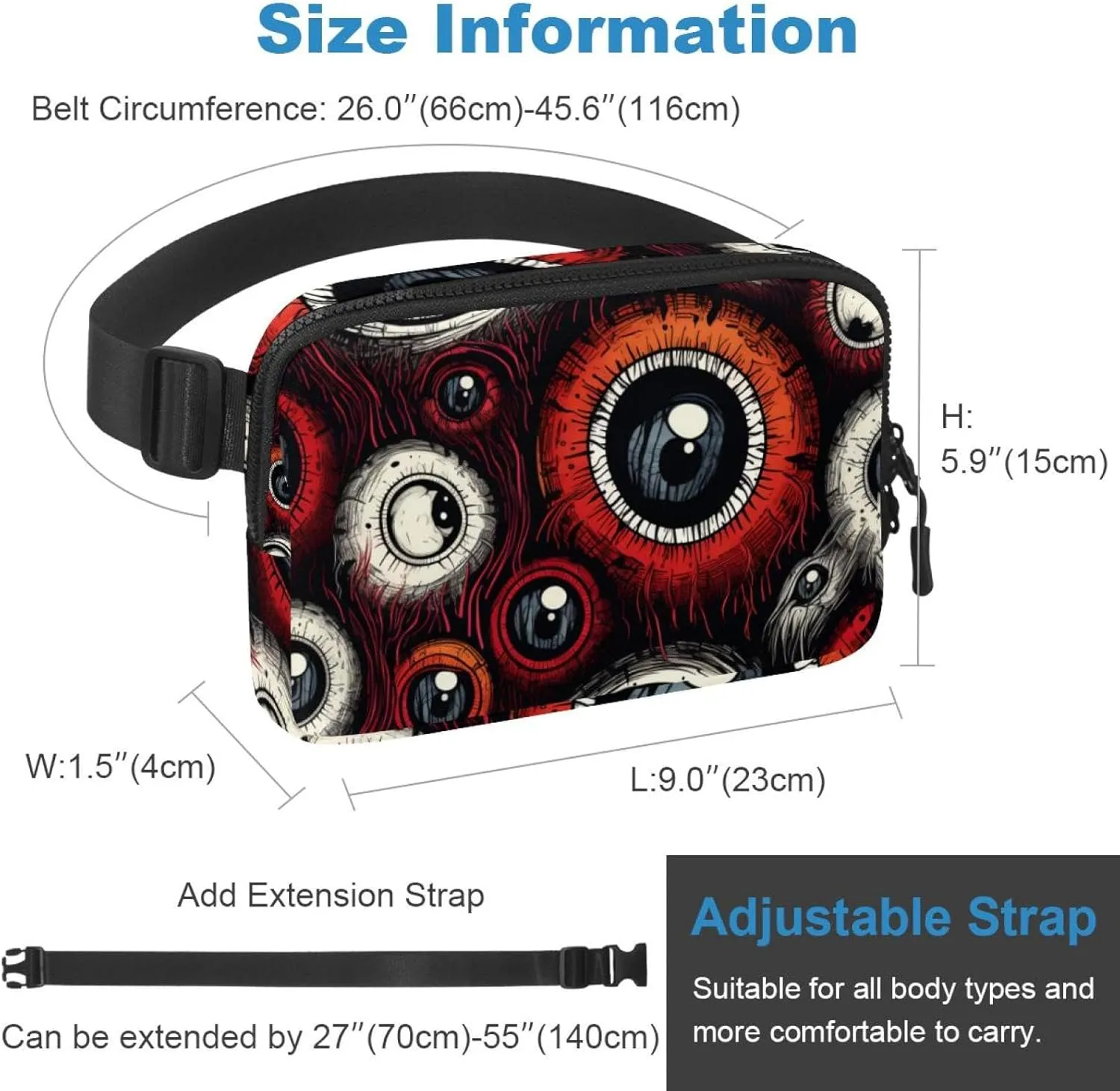 Waterproof Fanny Pack Black Belt Bag with Adjustable Strap for Women and Men,Halloween Eyeball C Crossbody Fanny Bag with Zipper for Hiking Running Travel