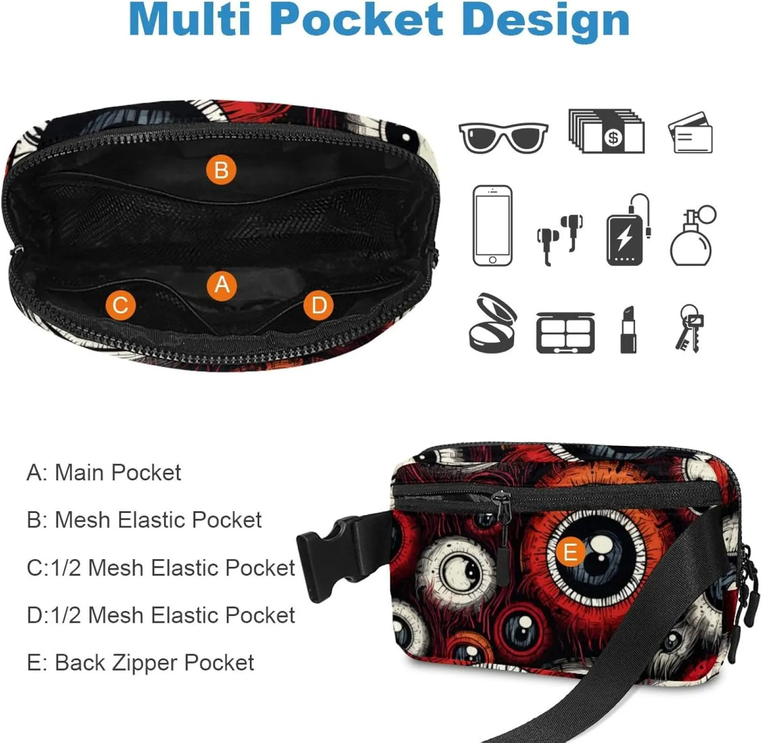 Waterproof Fanny Pack Black Belt Bag with Adjustable Strap for Women and Men,Halloween Eyeball C Crossbody Fanny Bag with Zipper for Hiking Running Travel