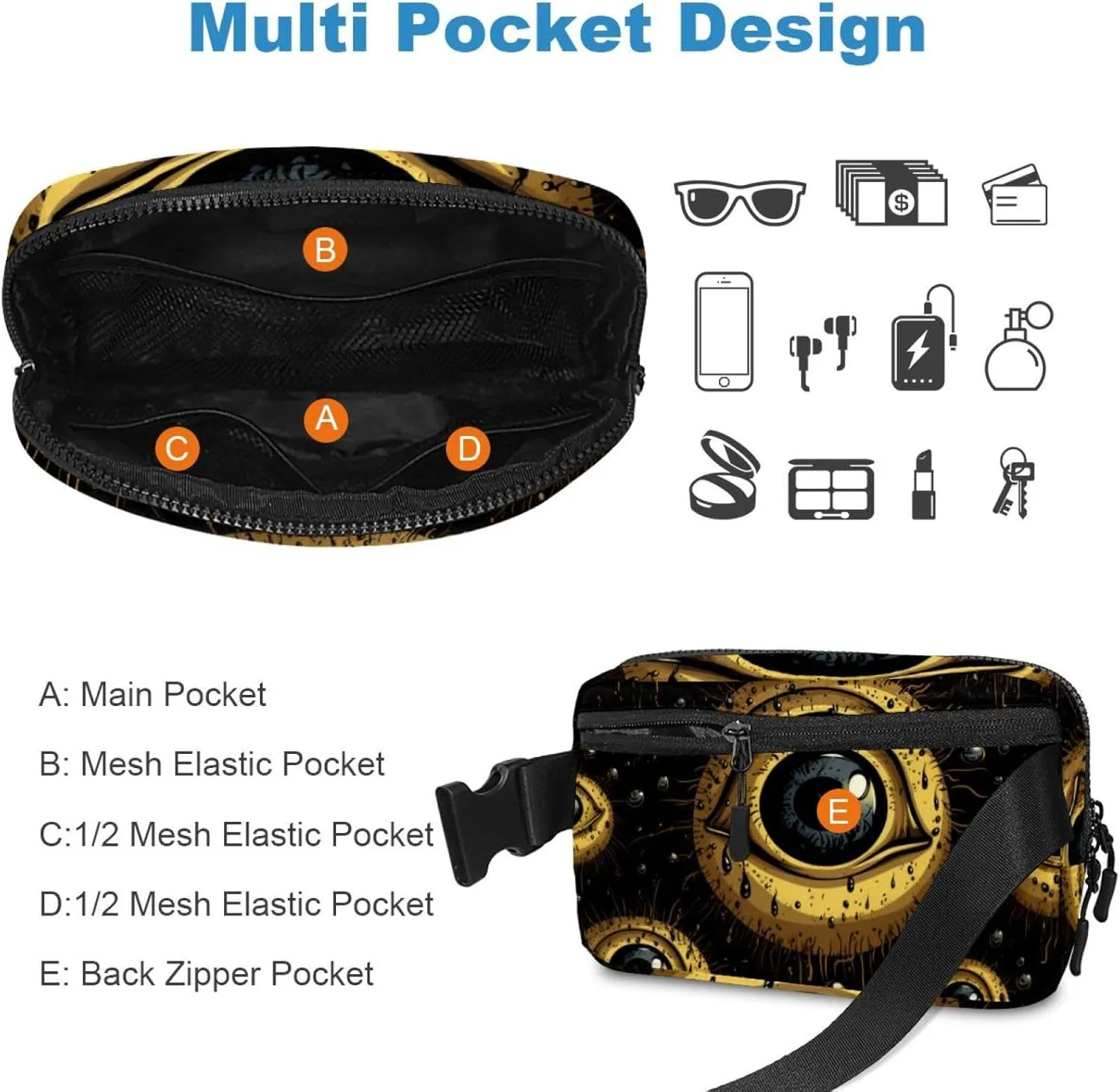 Waterproof Fanny Pack Black Belt Bag with Adjustable Strap for Women and Men,Halloween Eyeball H Crossbody Fanny Bag with Zipper for Hiking Running Travel