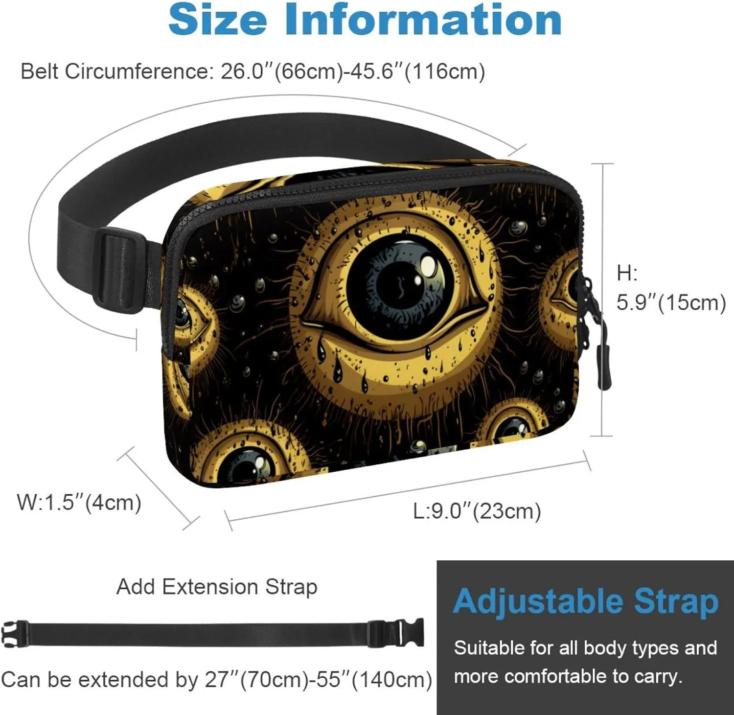 Waterproof Fanny Pack Black Belt Bag with Adjustable Strap for Women and Men,Halloween Eyeball H Crossbody Fanny Bag with Zipper for Hiking Running Travel
