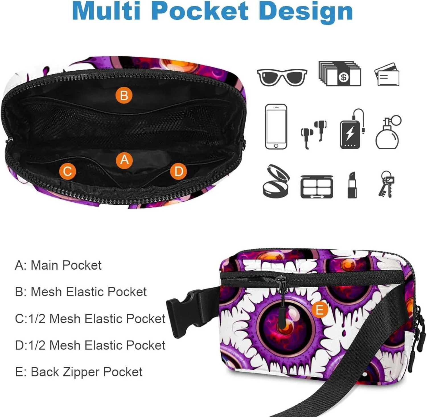 Waterproof Fanny Pack Black Belt Bag with Adjustable Strap for Women and Men,Halloween Eyeball J Crossbody Fanny Bag with Zipper for Hiking Running Travel