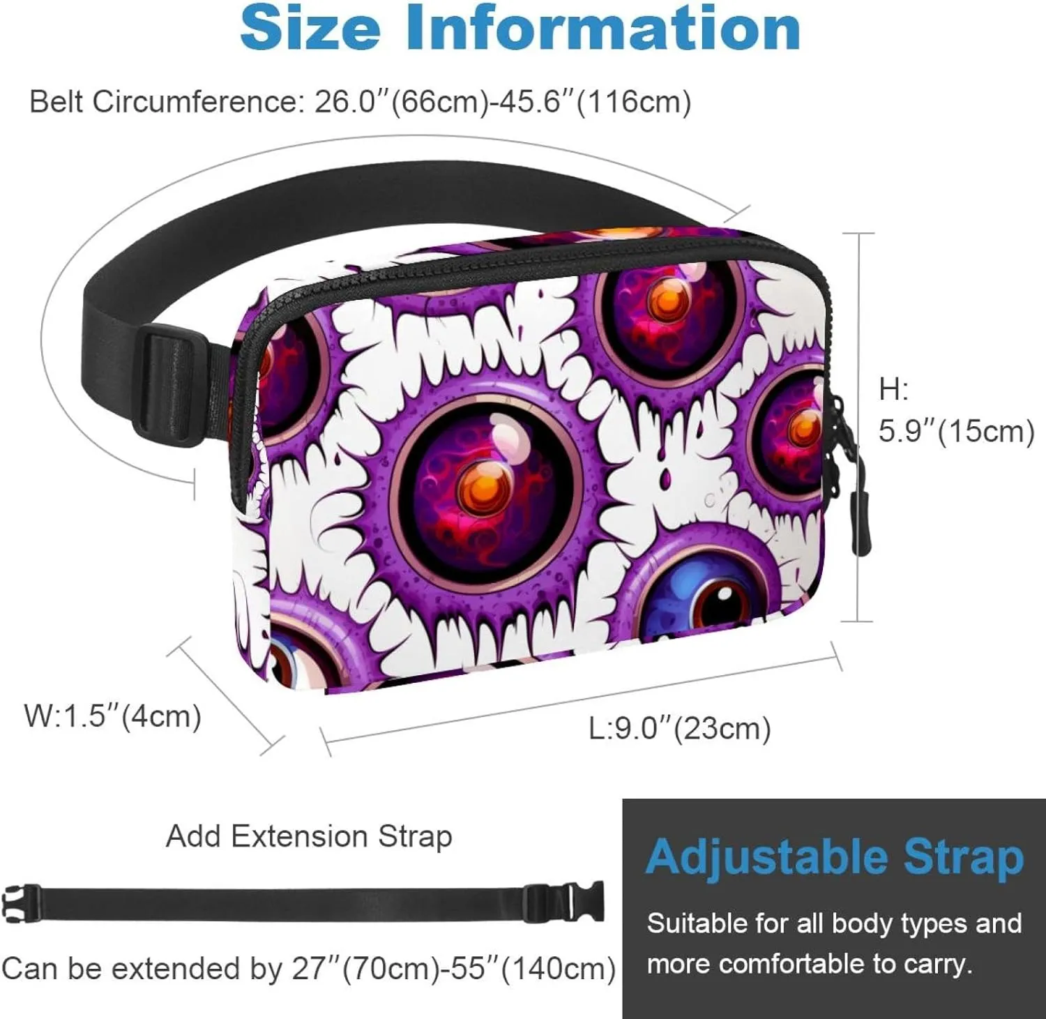 Waterproof Fanny Pack Black Belt Bag with Adjustable Strap for Women and Men,Halloween Eyeball J Crossbody Fanny Bag with Zipper for Hiking Running Travel