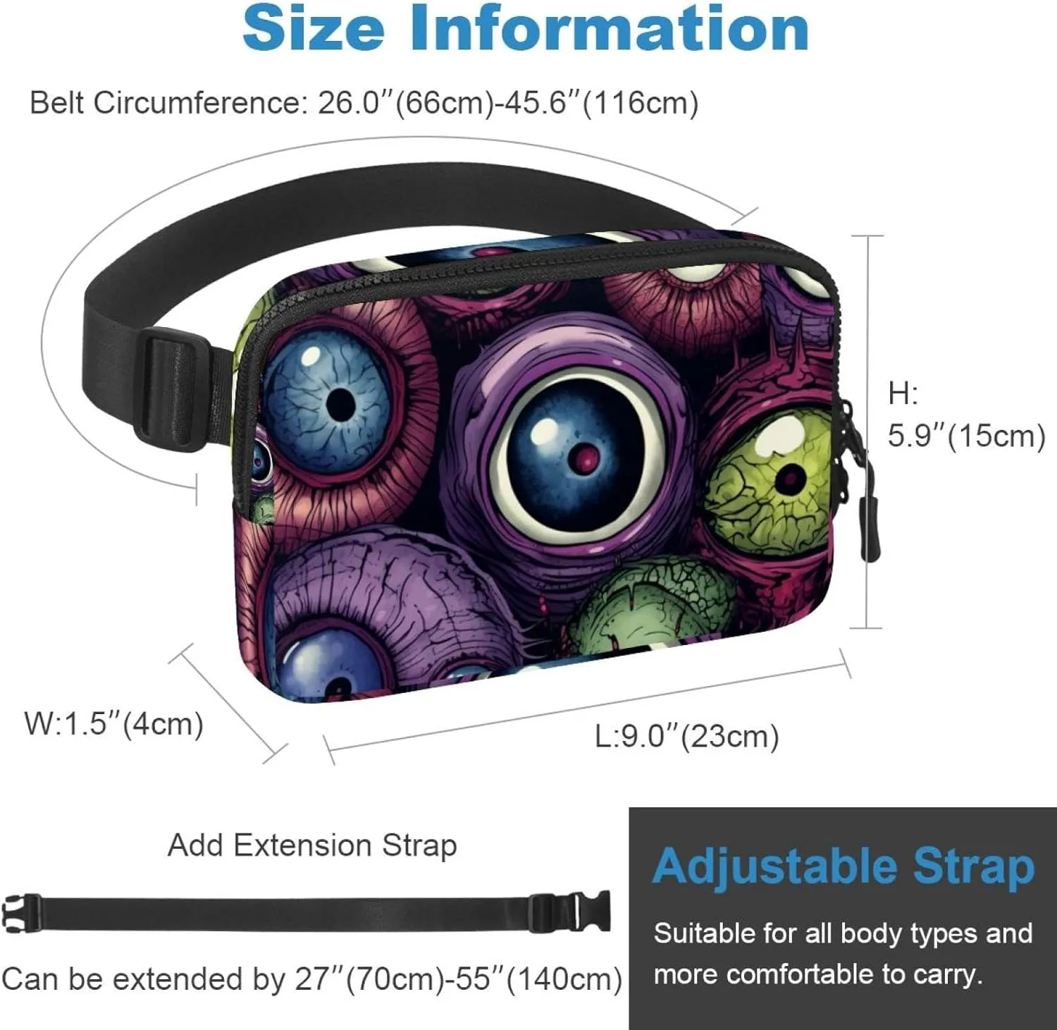 Waterproof Fanny Pack Black Belt Bag with Adjustable Strap for Women and Men,Halloween Horror Eyeballs D Crossbody Fanny Bag with Zipper for Hiking Running Travel