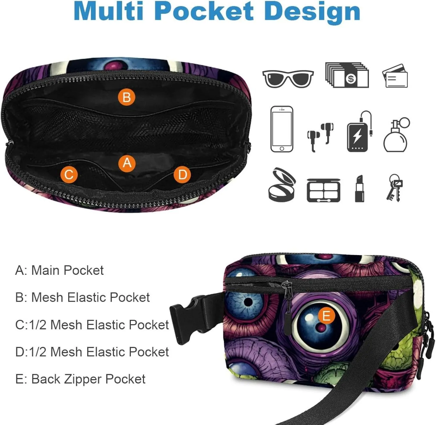 Waterproof Fanny Pack Black Belt Bag with Adjustable Strap for Women and Men,Halloween Horror Eyeballs D Crossbody Fanny Bag with Zipper for Hiking Running Travel
