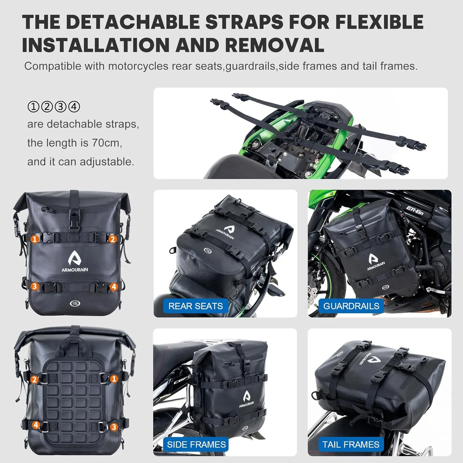 Waterproof Motorcycle Crash Bar Bag 15L Motor Sissy Bar Luggage Bag Motorcycle Rear Seat Bag Tool Bag Dry Bag with Shoulder Strap