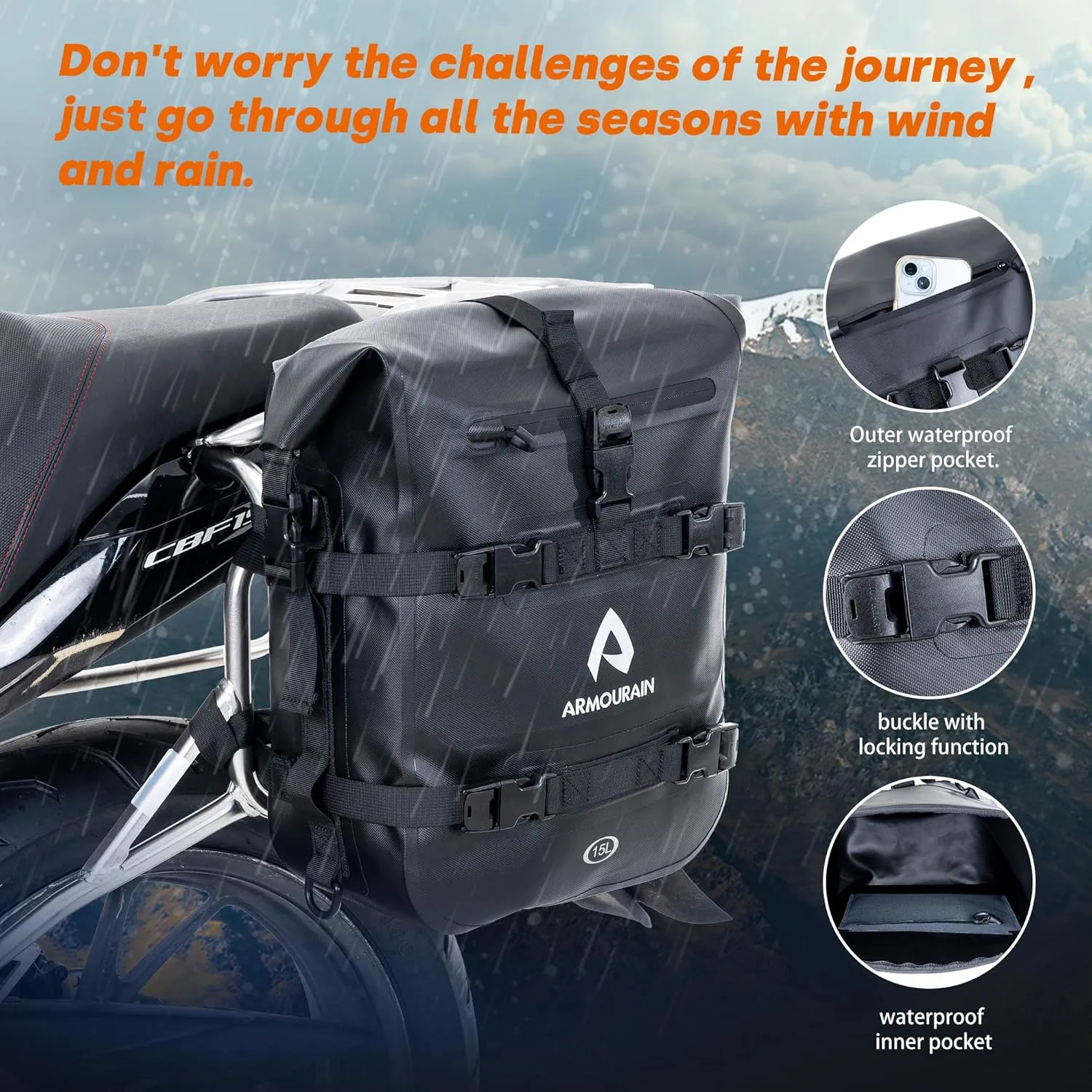 Waterproof Motorcycle Crash Bar Bag 15L Motor Sissy Bar Luggage Bag Motorcycle Rear Seat Bag Tool Bag Dry Bag with Shoulder Strap