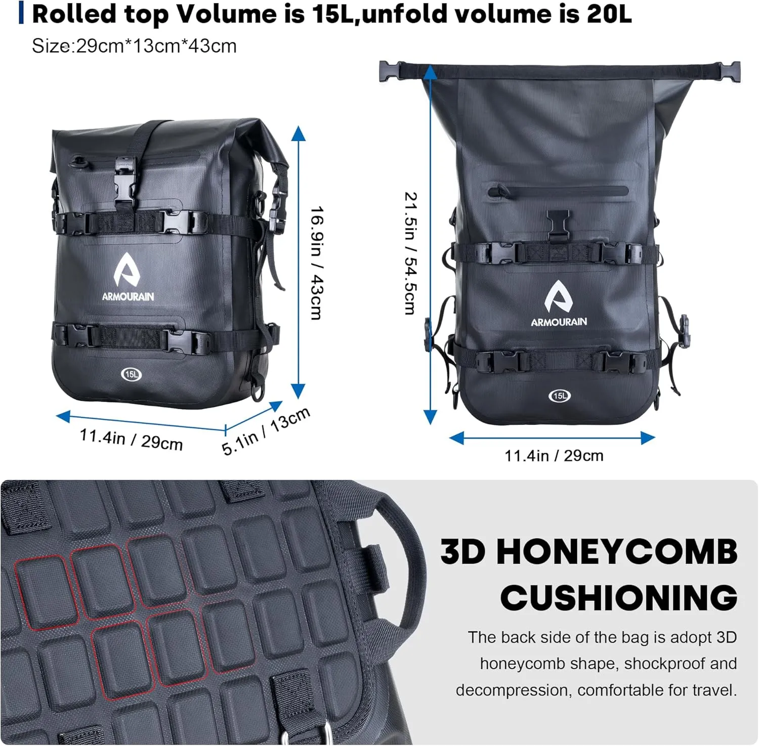 Waterproof Motorcycle Crash Bar Bag 15L Motor Sissy Bar Luggage Bag Motorcycle Rear Seat Bag Tool Bag Dry Bag with Shoulder Strap