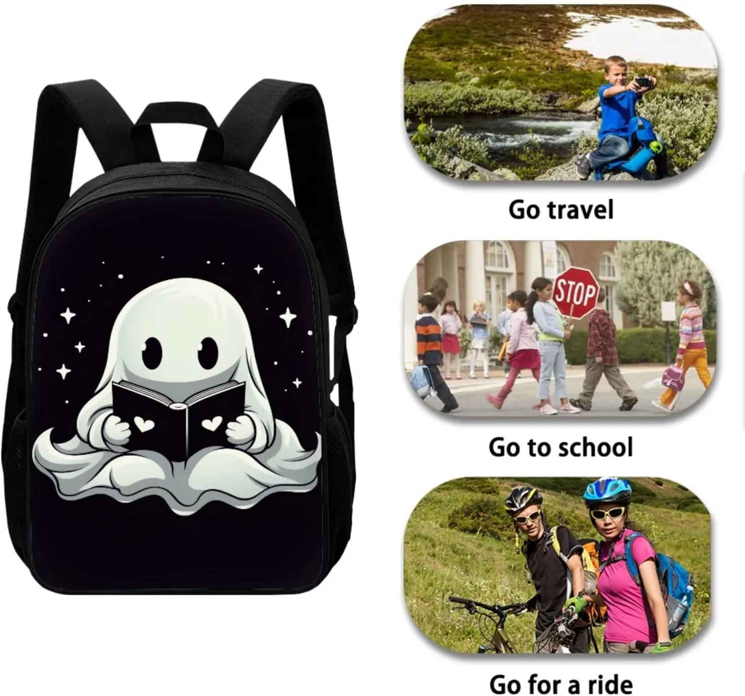 White Ghost Backpack with Lunch Box for Girls Elementary School Bookbag Set Cute Casual Shoulder Laptop Daypack Travel Rucksack Back to School Gifts for Students