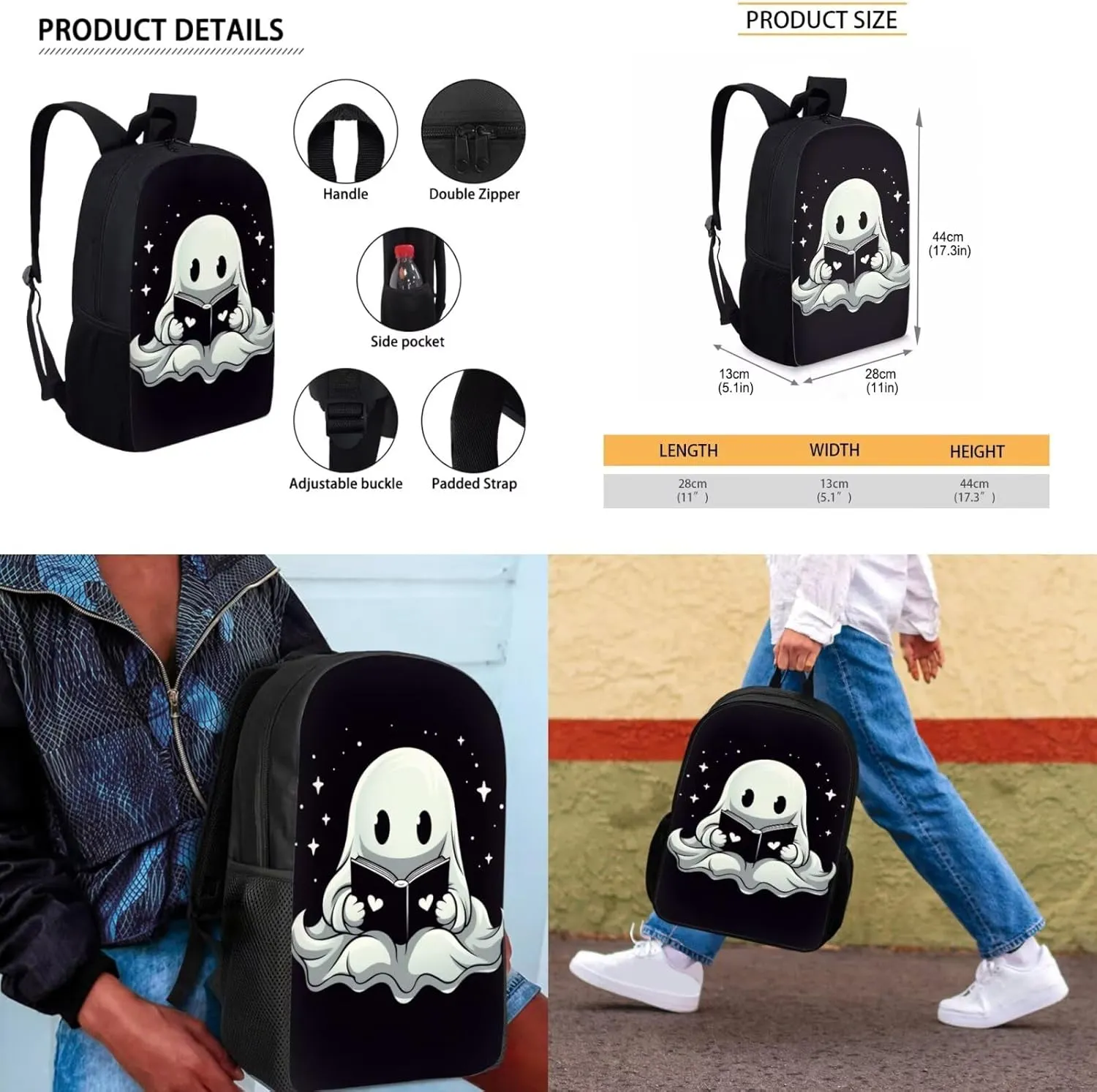 White Ghost Backpack with Lunch Box for Girls Elementary School Bookbag Set Cute Casual Shoulder Laptop Daypack Travel Rucksack Back to School Gifts for Students