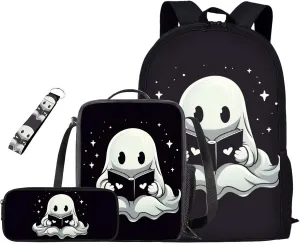 White Ghost Backpack with Lunch Box for Girls Elementary School Bookbag Set Cute Casual Shoulder Laptop Daypack Travel Rucksack Back to School Gifts for Students