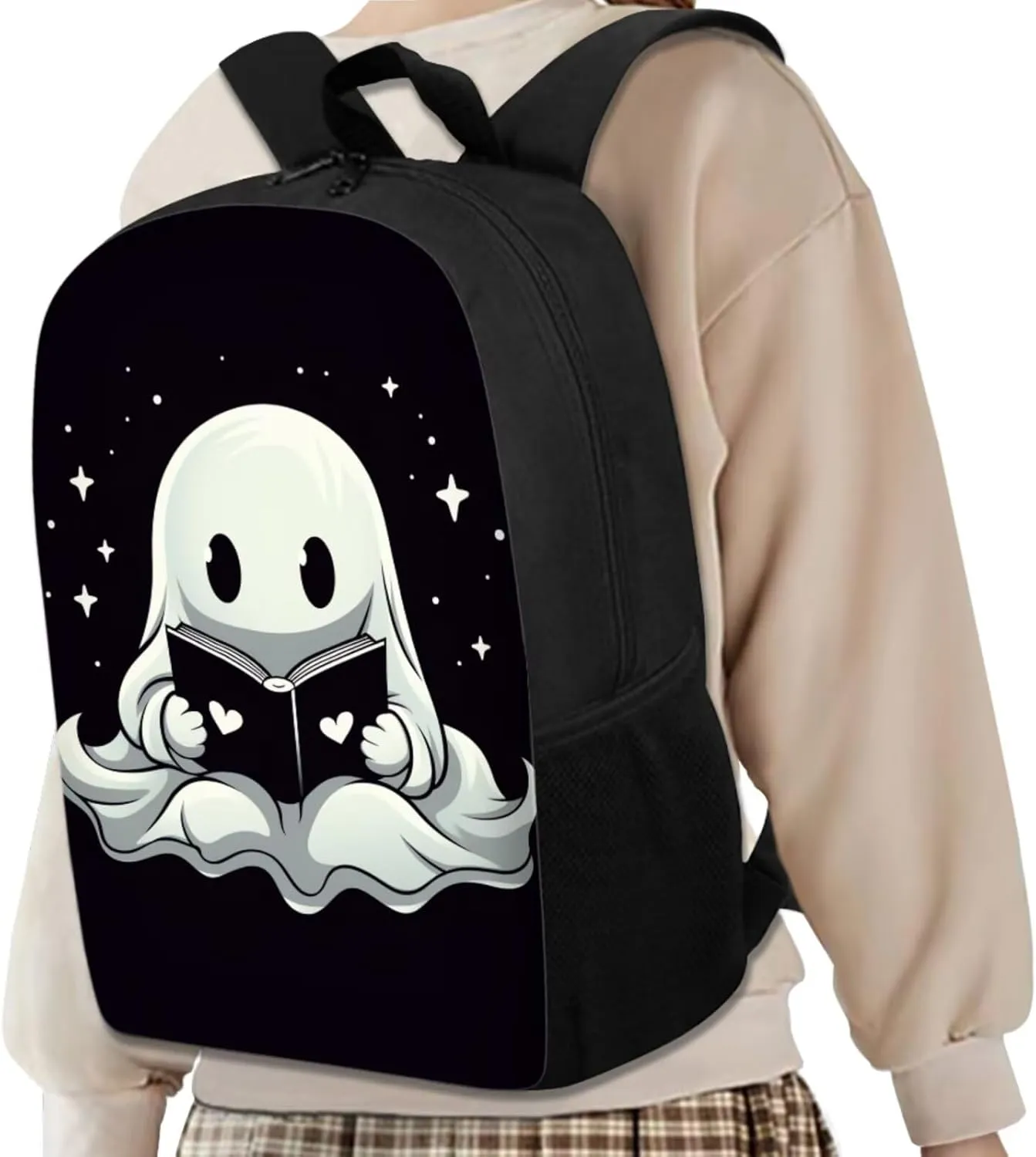 White Ghost Backpack with Lunch Box for Girls Elementary School Bookbag Set Cute Casual Shoulder Laptop Daypack Travel Rucksack Back to School Gifts for Students