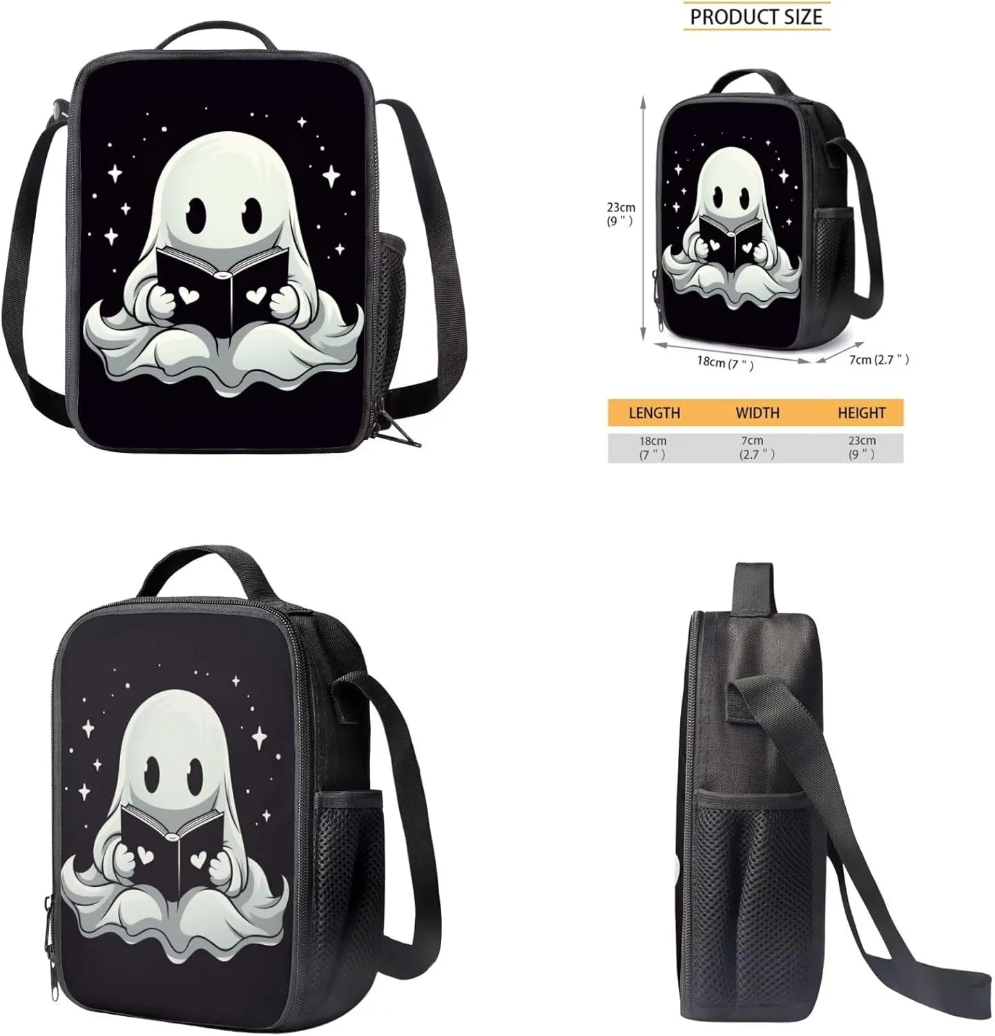 White Ghost Backpack with Lunch Box for Girls Elementary School Bookbag Set Cute Casual Shoulder Laptop Daypack Travel Rucksack Back to School Gifts for Students