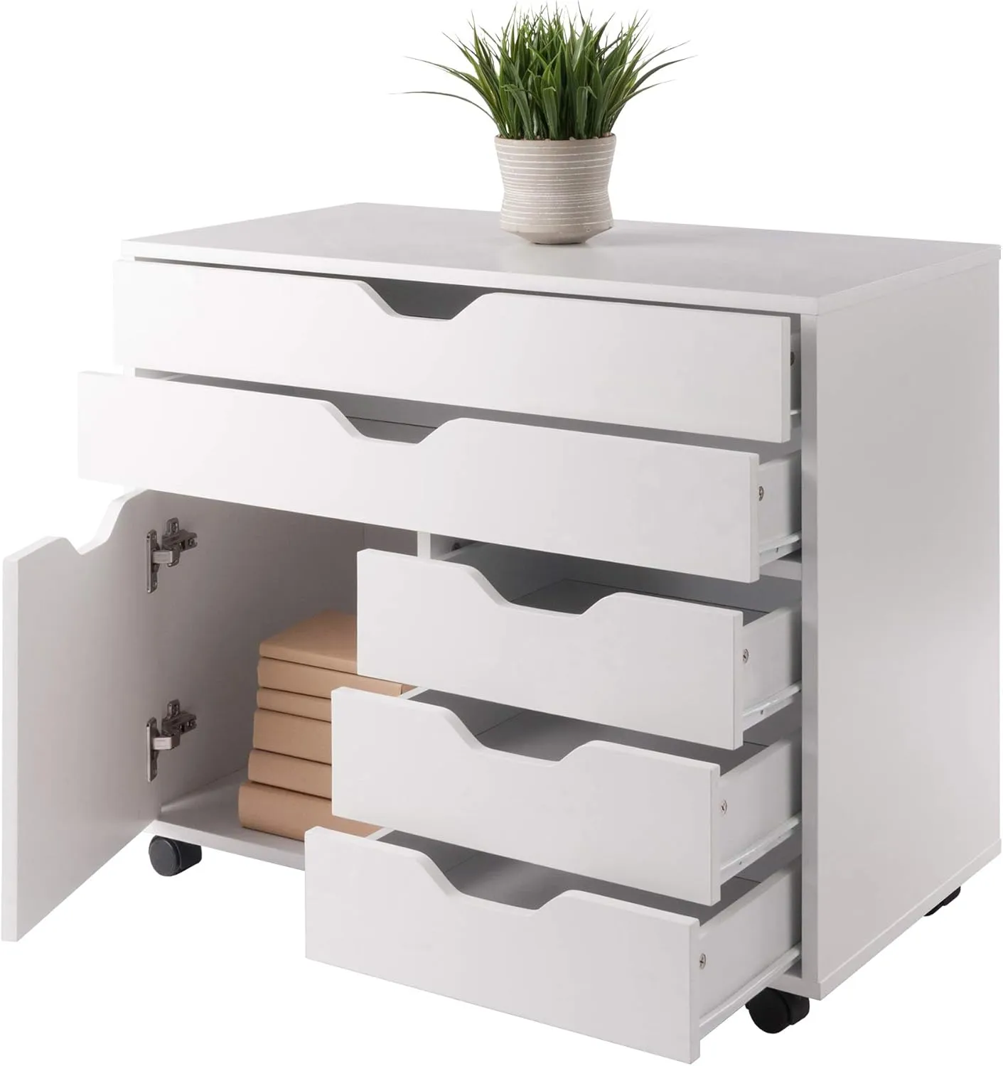 Winsome Halifax Storage Mobile Cabinets, 1 Door, 3 Drawers, 2 Wide Drawers, for Home Office, White