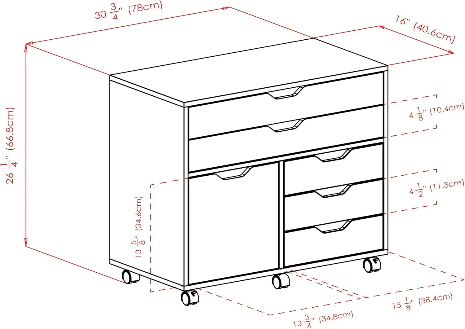 Winsome Halifax Storage Mobile Cabinets, 1 Door, 3 Drawers, 2 Wide Drawers, for Home Office, White