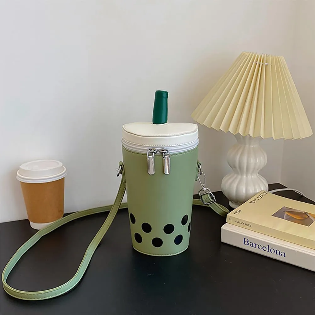 Women Female Polka Dot Milk Tea Cup Bag, Japanese Bucket Shoulder Crossbody Bag, Cute Creative Cylinder Cup Purse With Straw