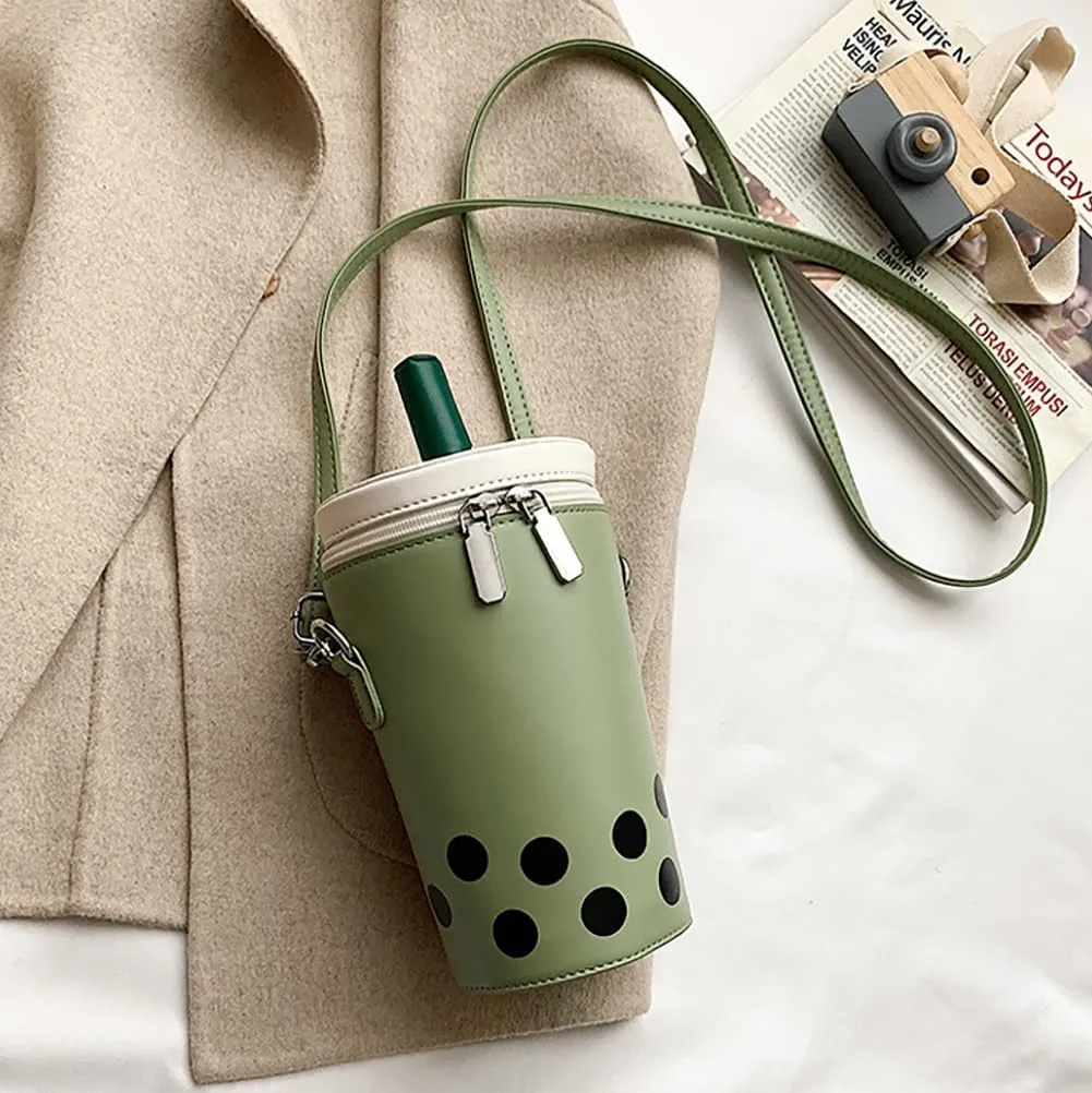 Women Female Polka Dot Milk Tea Cup Bag, Japanese Bucket Shoulder Crossbody Bag, Cute Creative Cylinder Cup Purse With Straw