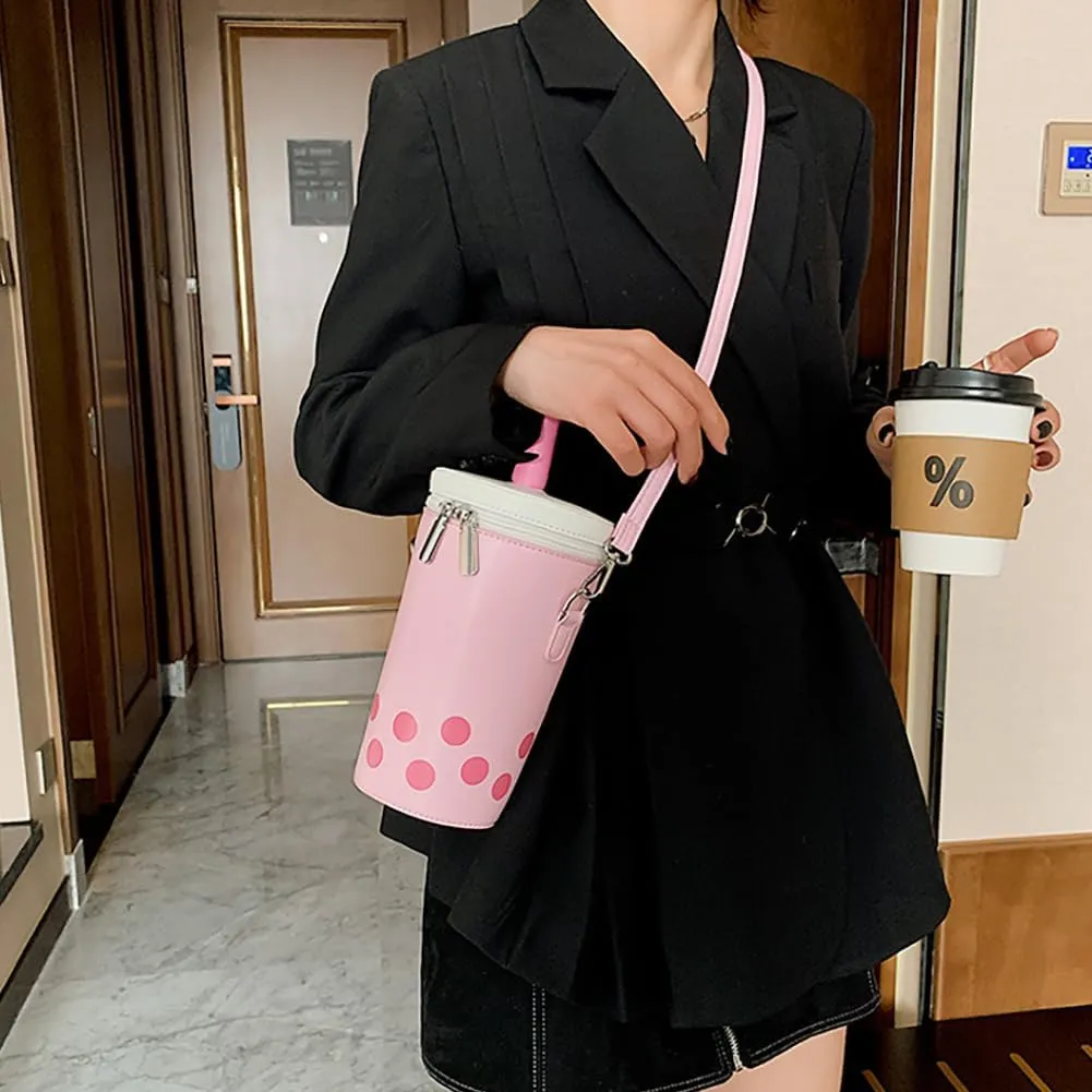 Women Female Polka Dot Milk Tea Cup Bag, Japanese Bucket Shoulder Crossbody Bag, Cute Creative Cylinder Cup Purse With Straw