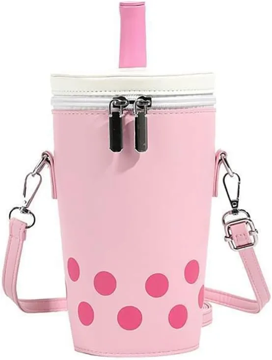 Women Female Polka Dot Milk Tea Cup Bag, Japanese Bucket Shoulder Crossbody Bag, Cute Creative Cylinder Cup Purse With Straw