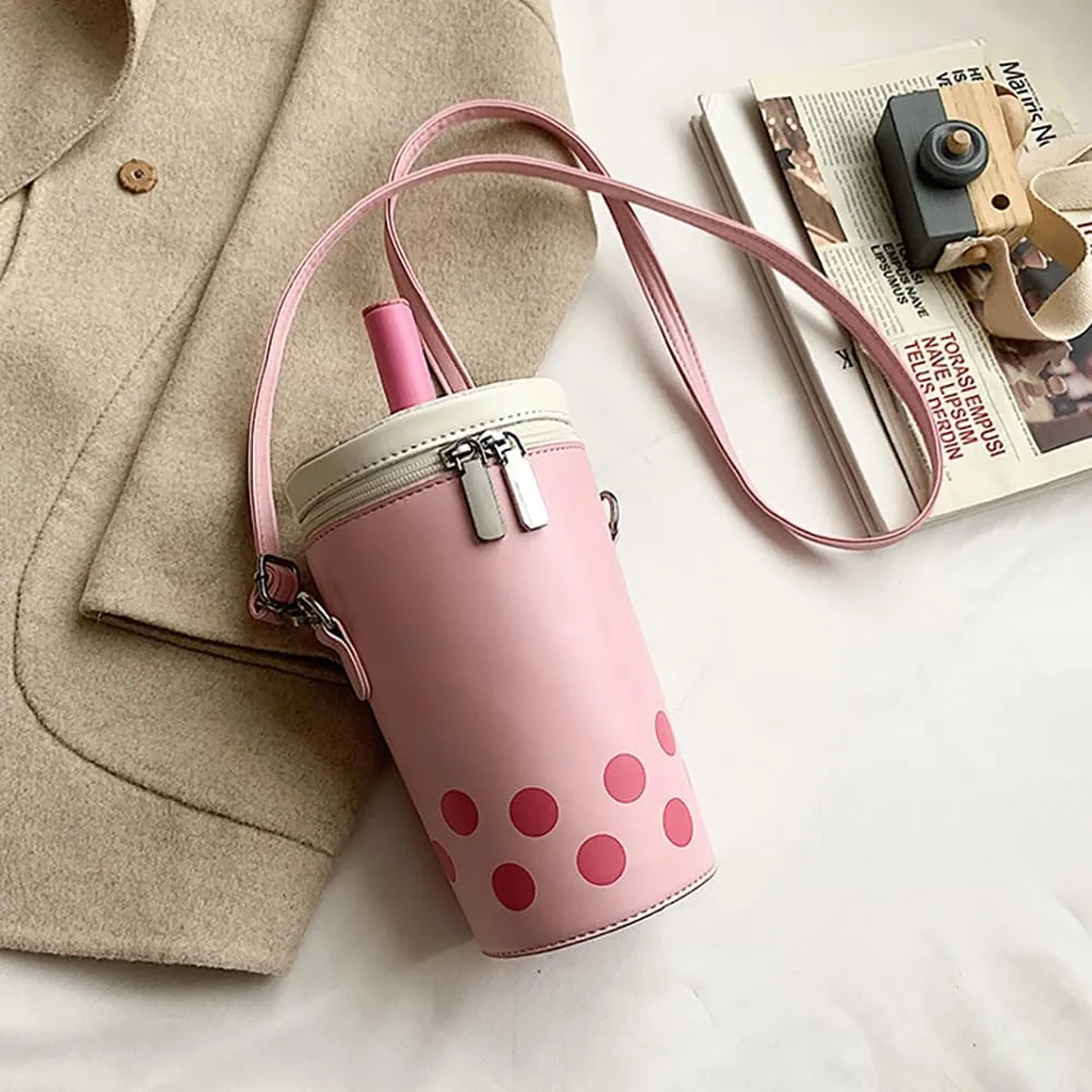 Women Female Polka Dot Milk Tea Cup Bag, Japanese Bucket Shoulder Crossbody Bag, Cute Creative Cylinder Cup Purse With Straw