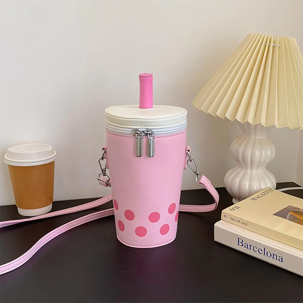 Women Female Polka Dot Milk Tea Cup Bag, Japanese Bucket Shoulder Crossbody Bag, Cute Creative Cylinder Cup Purse With Straw