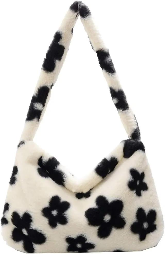 Women Girls Fluffy Plush Shoulder Bag Handbag Wallet Tote Bag for Autumn Winter (A)