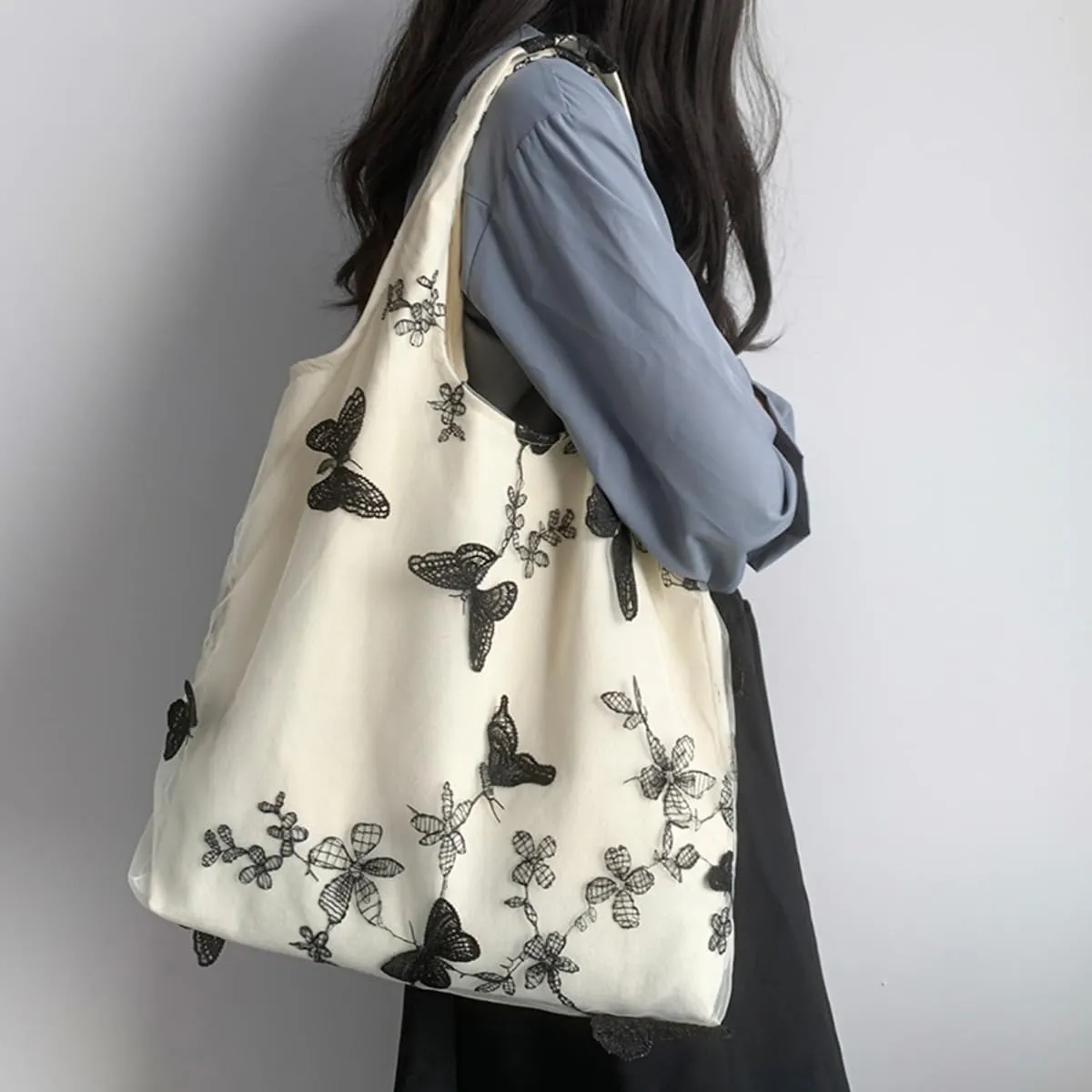 Women Lace Embroidery Shoulder Handbag Aesthetic Butterfly Flowers Canvas Tote Purse Travel Shopping Beach Working Hobo Bag