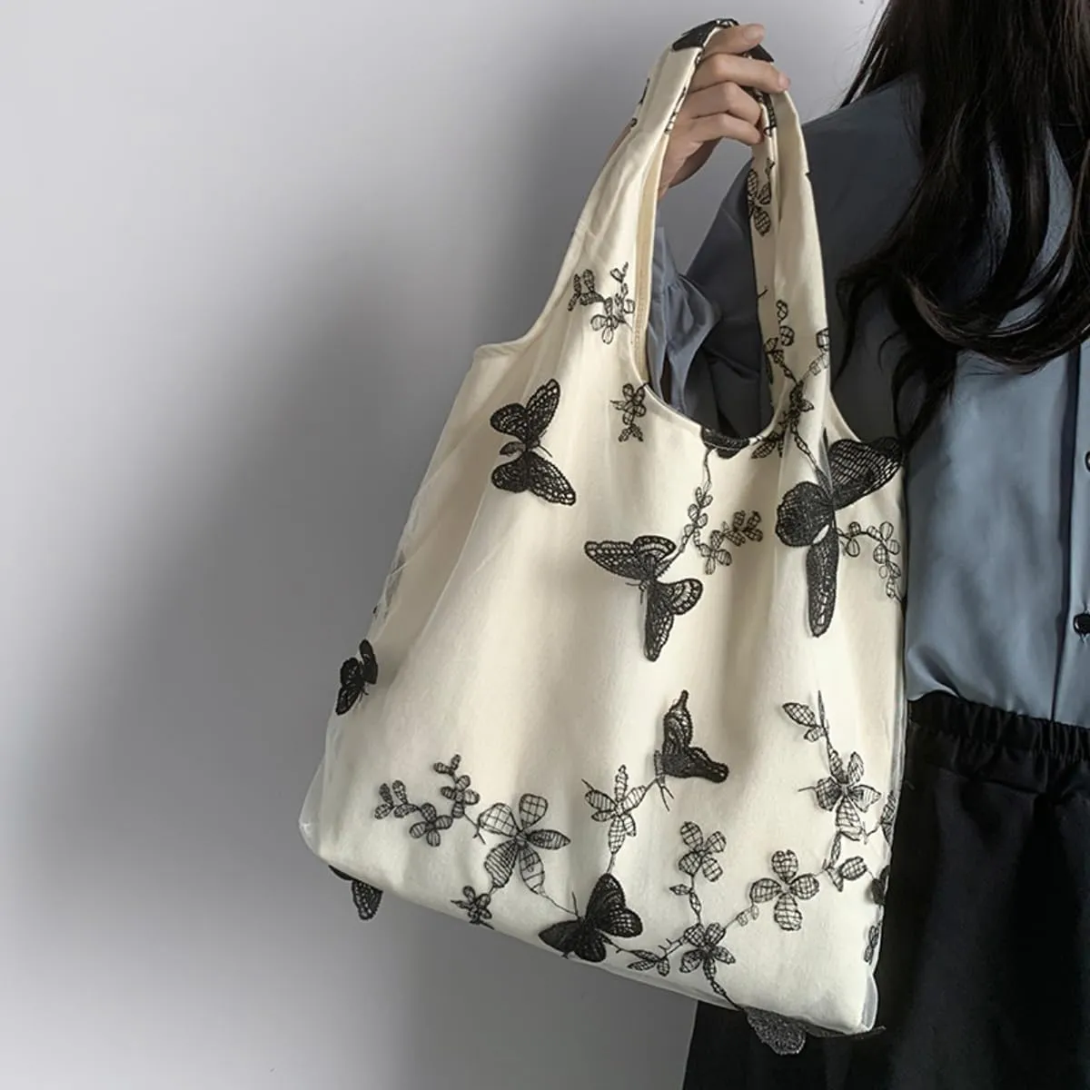 Women Lace Embroidery Shoulder Handbag Aesthetic Butterfly Flowers Canvas Tote Purse Travel Shopping Beach Working Hobo Bag